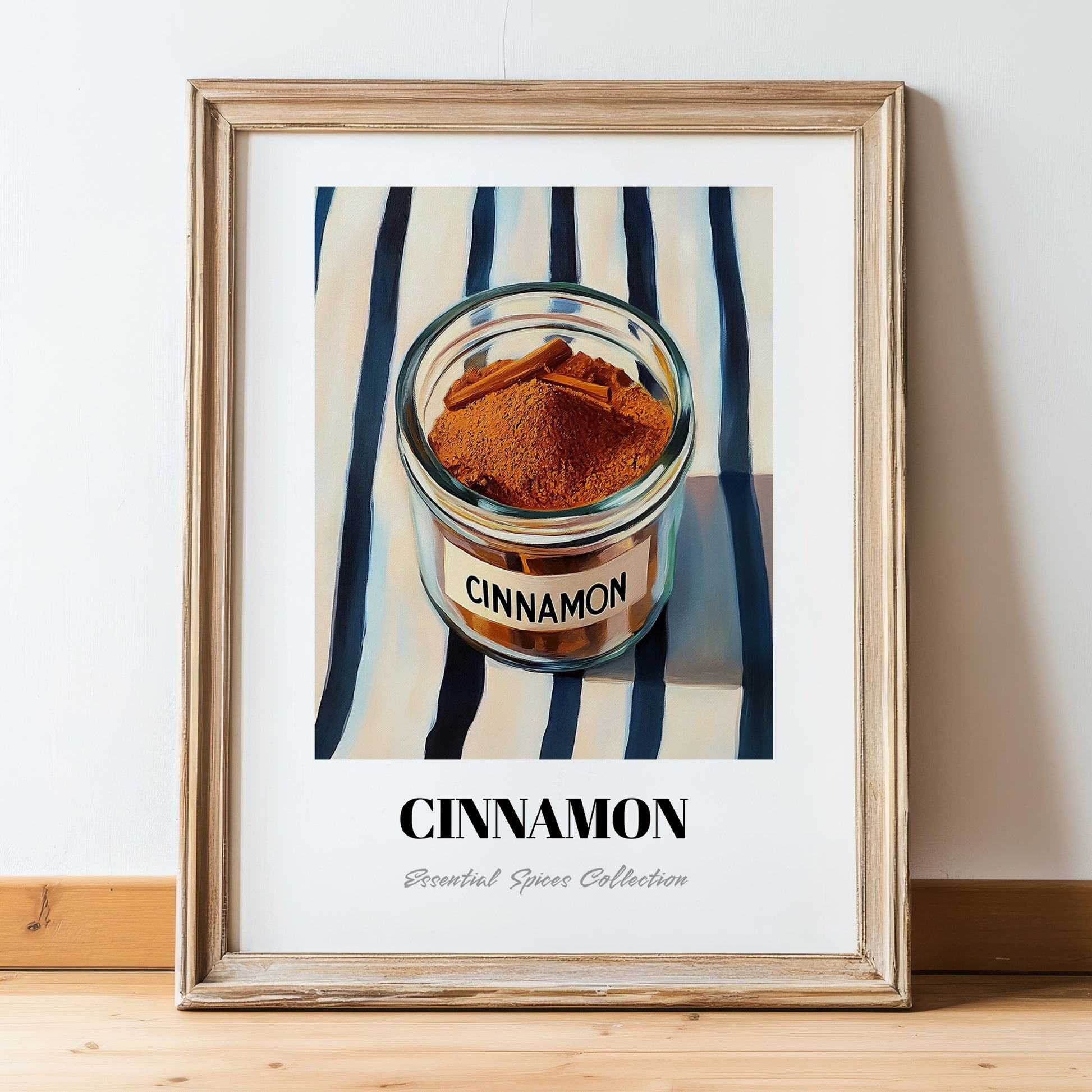 Cinnamon – on Striped Tablecloth, Spices Still Life, in wooden frame leaning on the floor