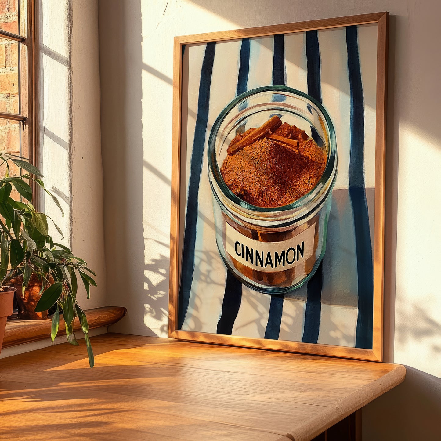 Cinnamon – on Striped Tablecloth, Spices Still Life, clean layout with no caption