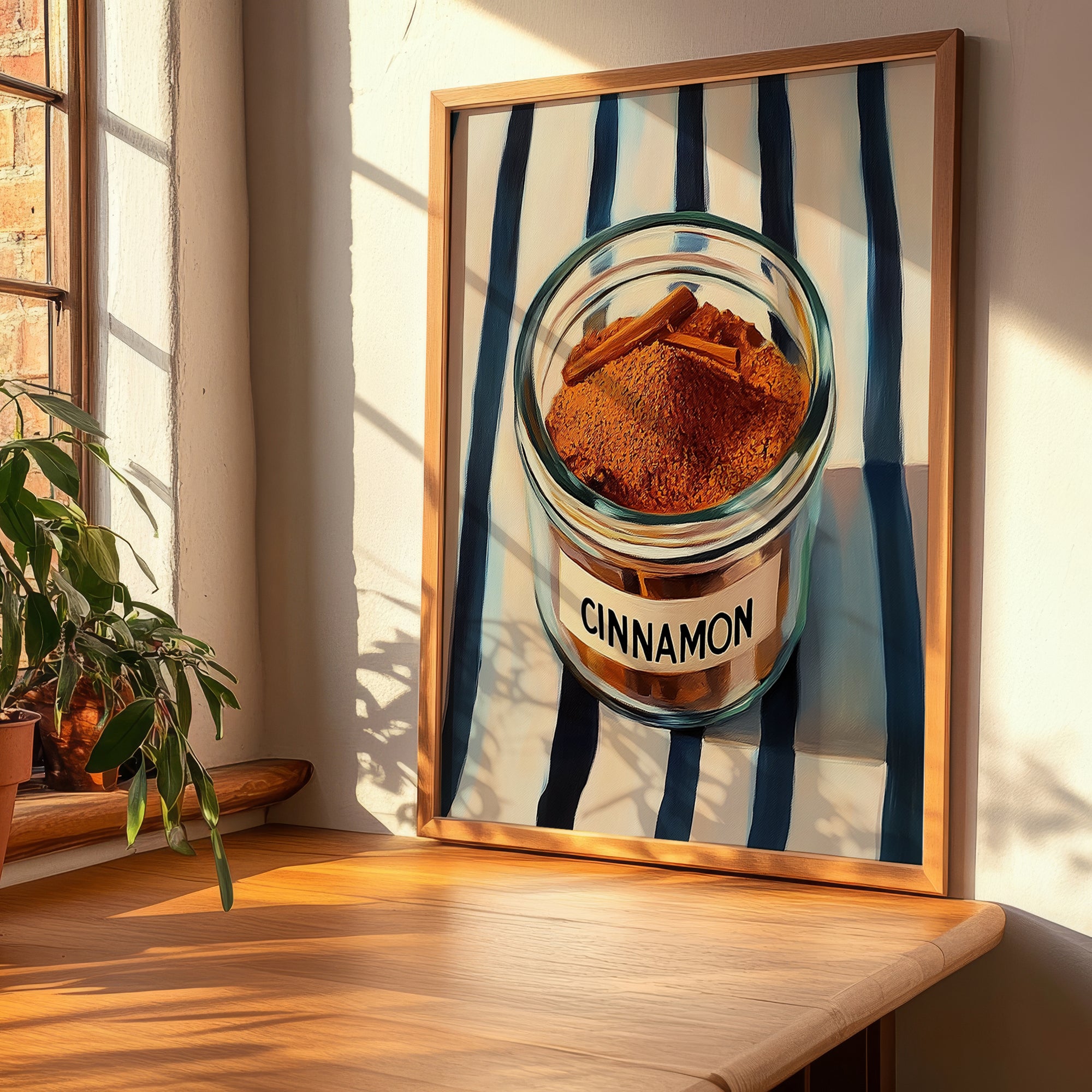Cinnamon – on Striped Tablecloth, Spices Still Life, clean layout with no caption
