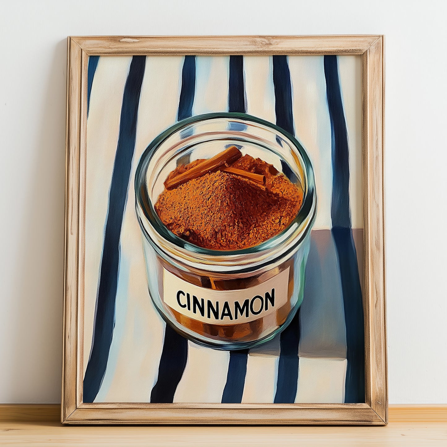 Cinnamon – on Striped Tablecloth, Spices Still Life, no-text version framed in wood