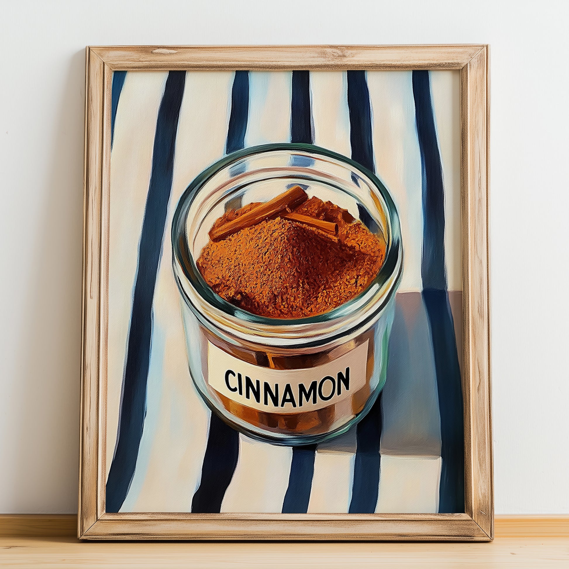 Cinnamon – on Striped Tablecloth, Spices Still Life, no-text version framed in wood