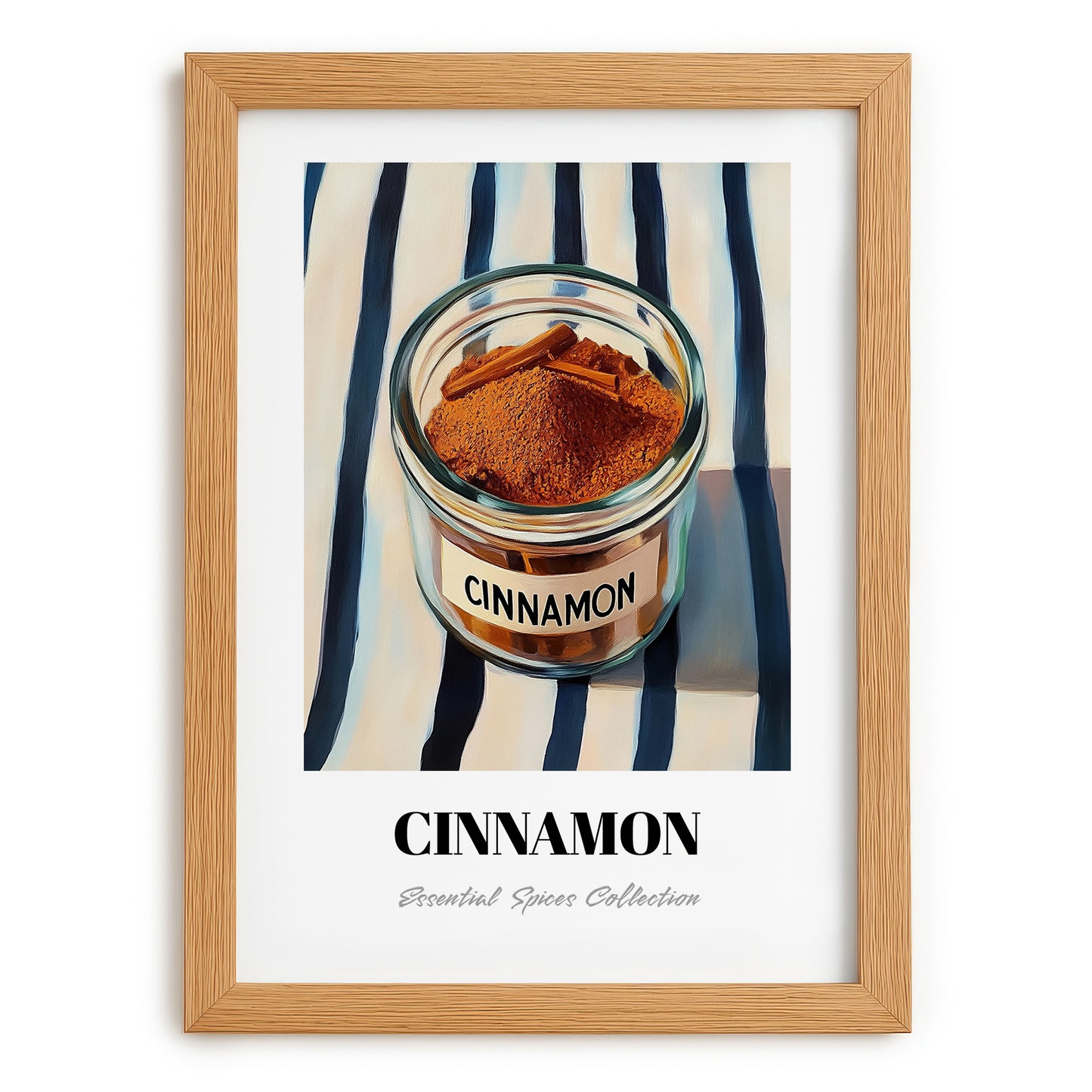 Cinnamon – on Striped Tablecloth, Spices Still Life, set in oak frame