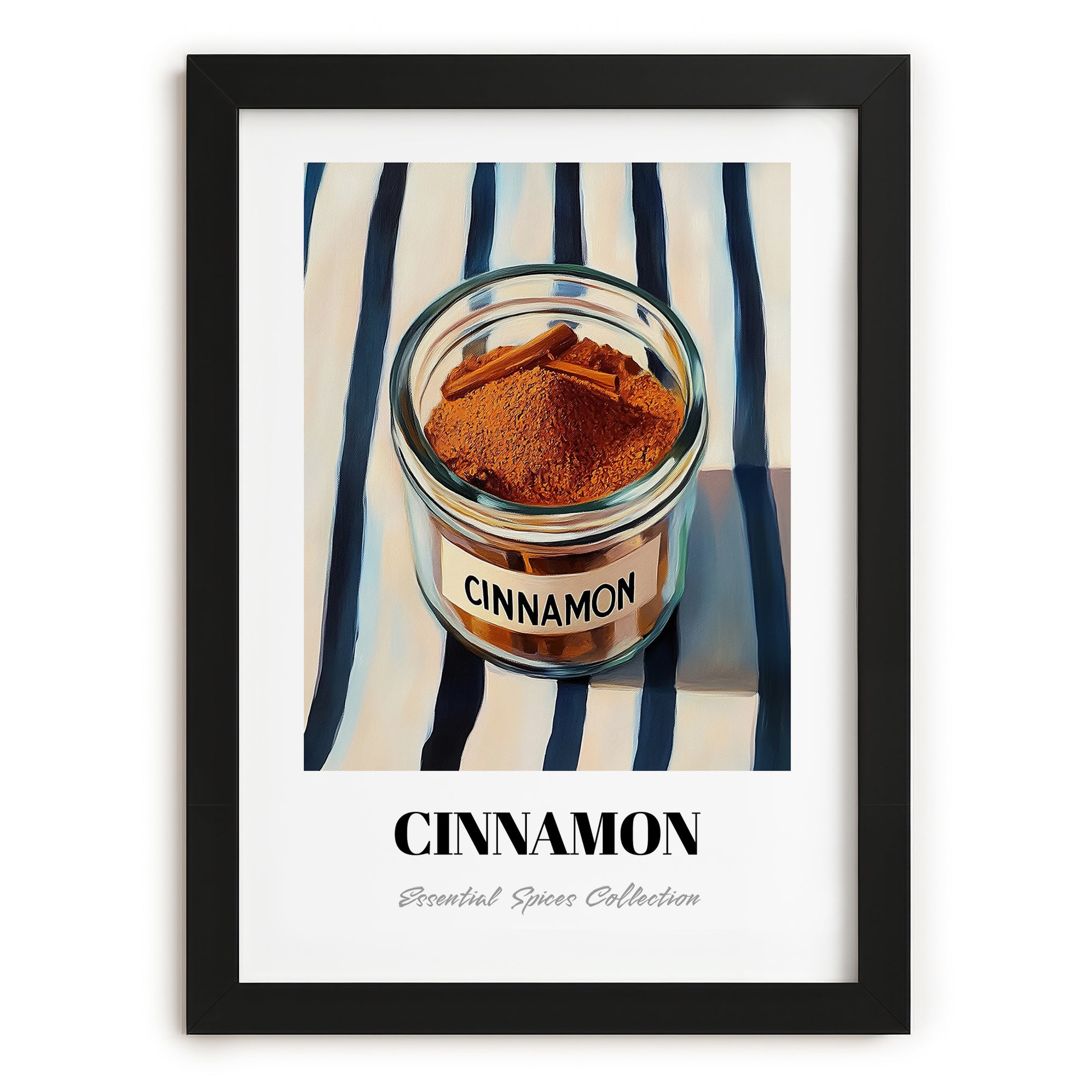 Cinnamon – on Striped Tablecloth, Spices Still Life, in sleek black frame
