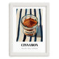 Cinnamon – on Striped Tablecloth, Spices Still Life, placed in minimal white frame