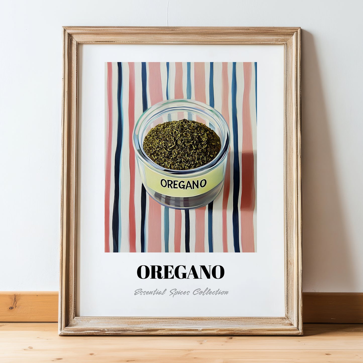 Oregano – on Striped Tablecloth, Spices Wall Decor, in wooden frame leaning on the floor