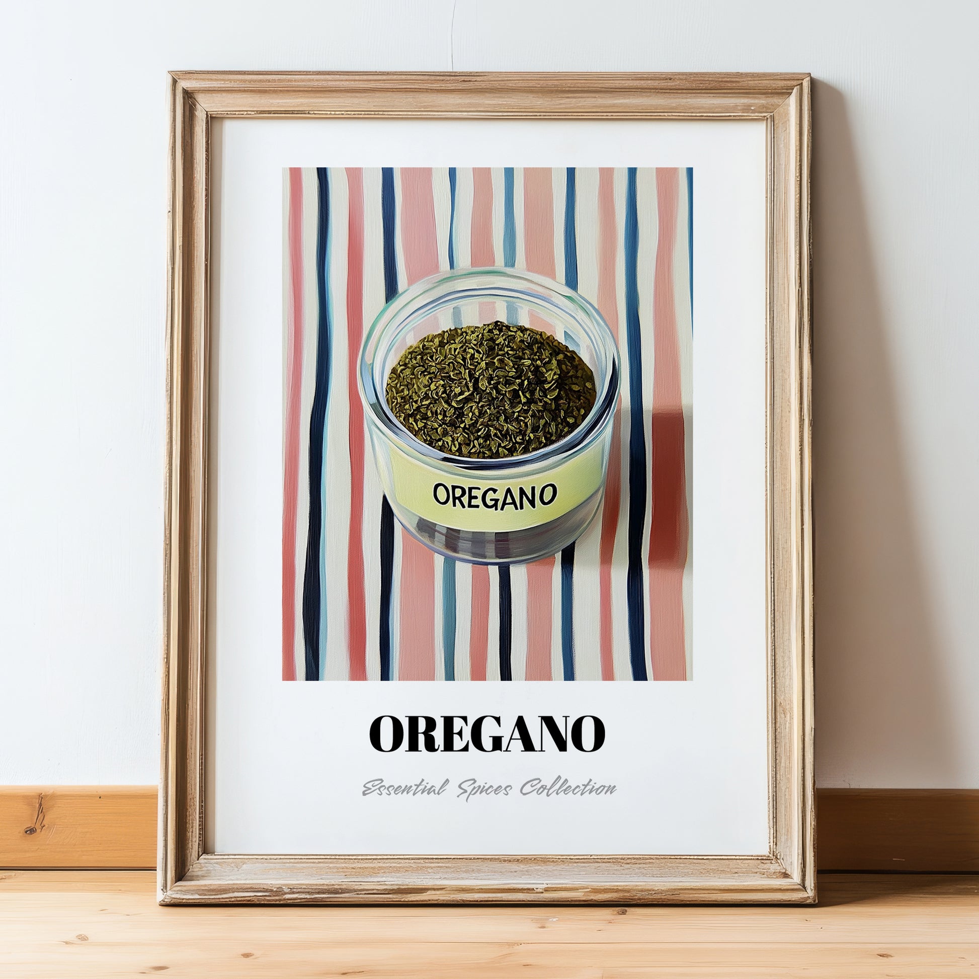 Oregano – on Striped Tablecloth, Spices Wall Decor, in wooden frame leaning on the floor