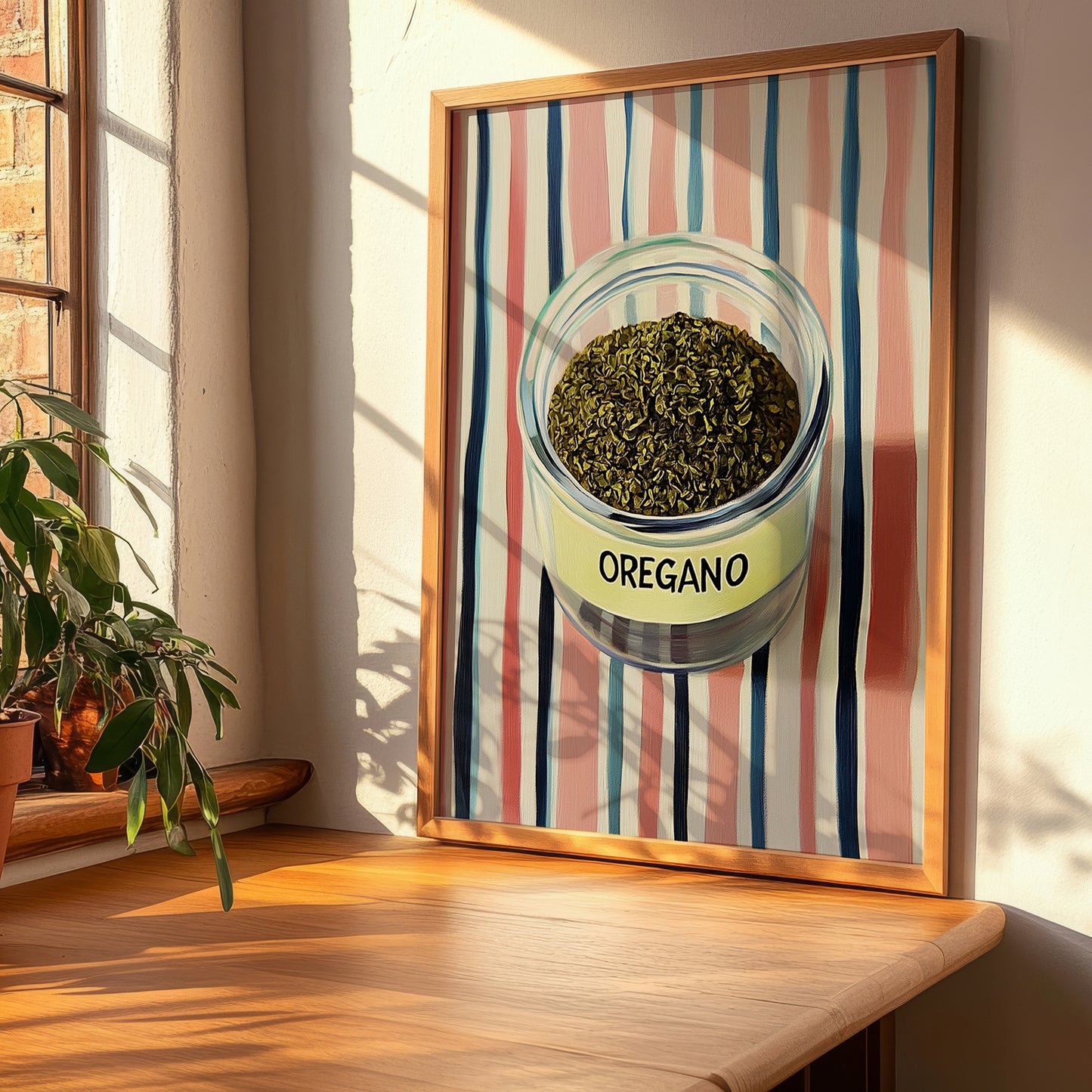 Oregano – on Striped Tablecloth, Spices Wall Decor, clean layout with no caption