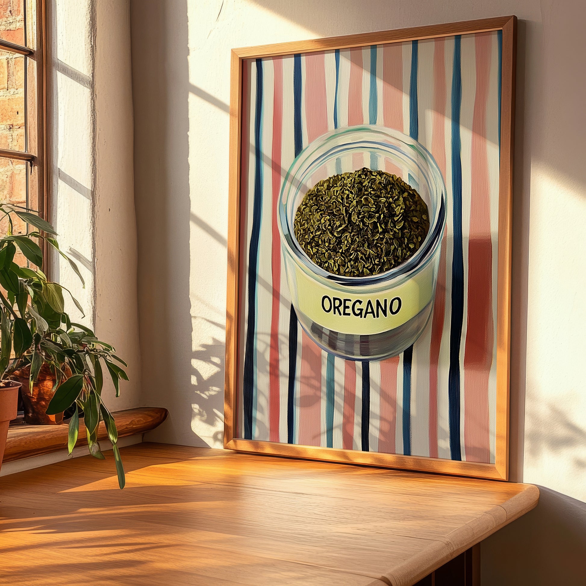 Oregano – on Striped Tablecloth, Spices Wall Decor, clean layout with no caption
