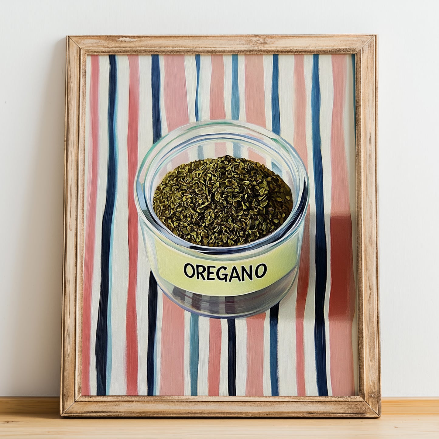 Oregano – on Striped Tablecloth, Spices Wall Decor, no-text version framed in wood