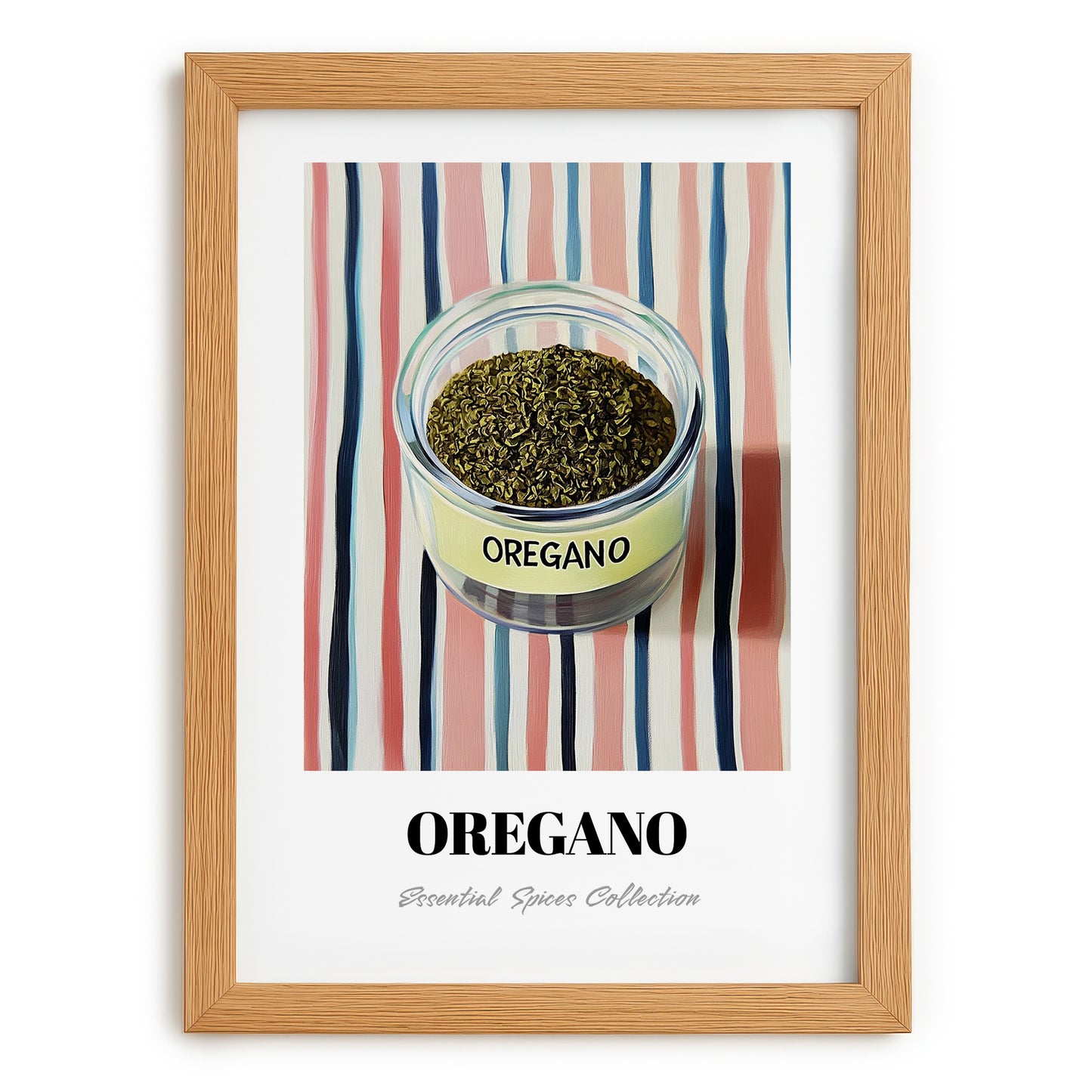 Oregano – on Striped Tablecloth, Spices Wall Decor, set in oak frame