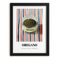 Oregano – on Striped Tablecloth, Spices Wall Decor, in sleek black frame