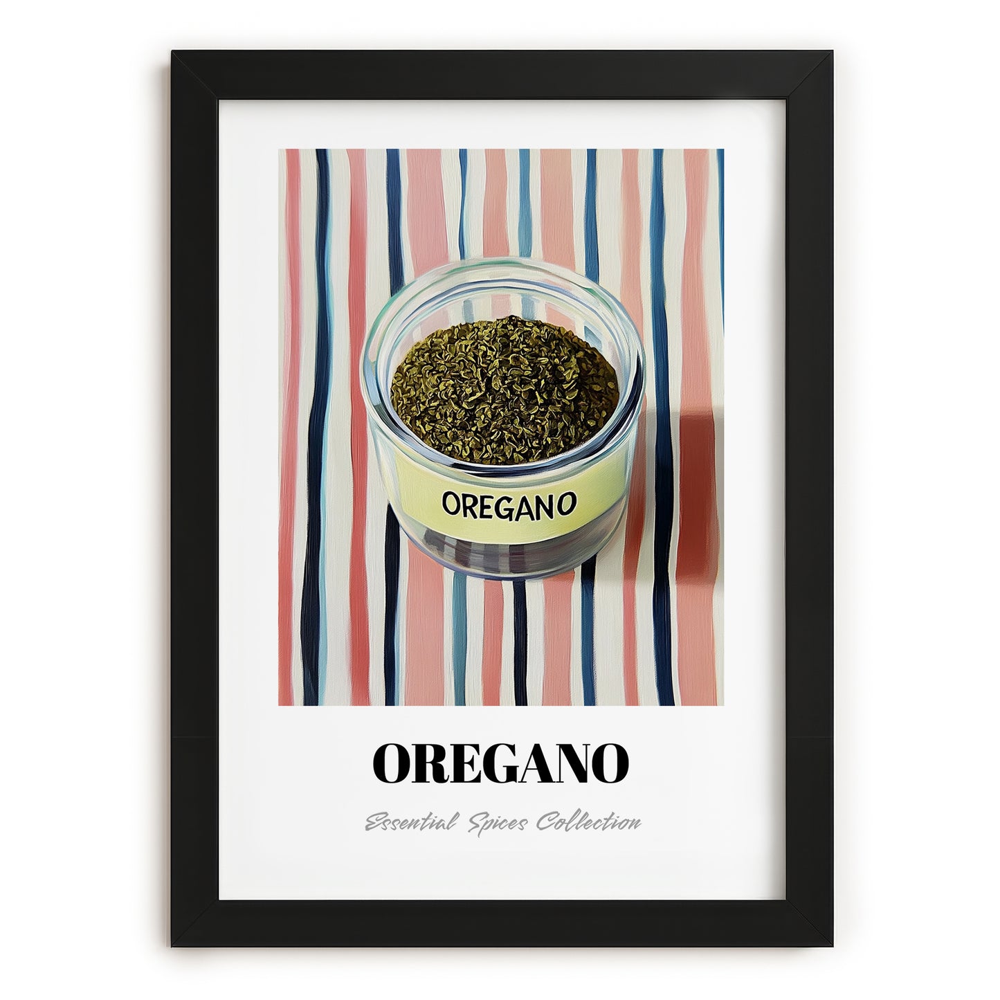 Oregano – on Striped Tablecloth, Spices Wall Decor, in sleek black frame