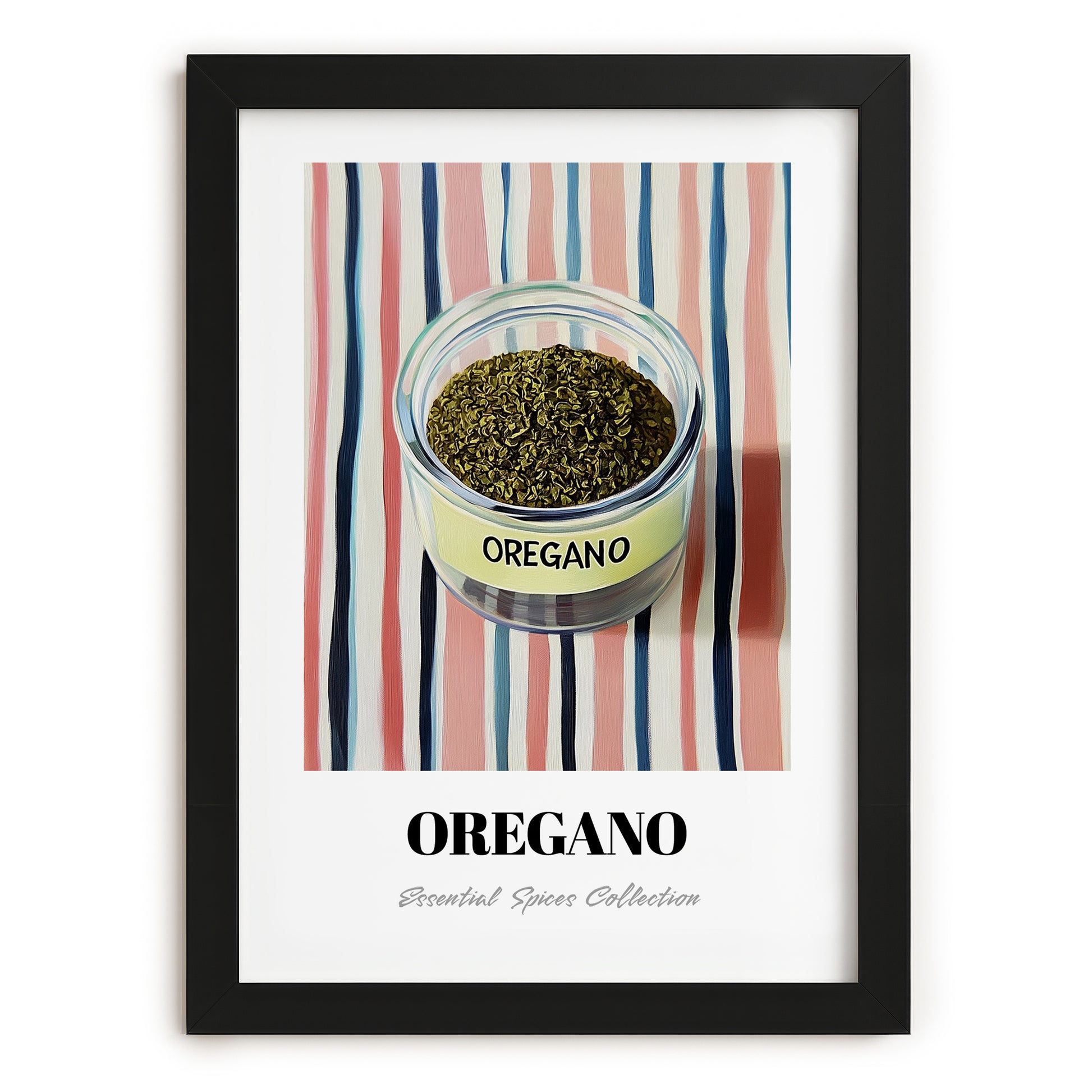 Oregano – on Striped Tablecloth, Spices Wall Decor, in sleek black frame