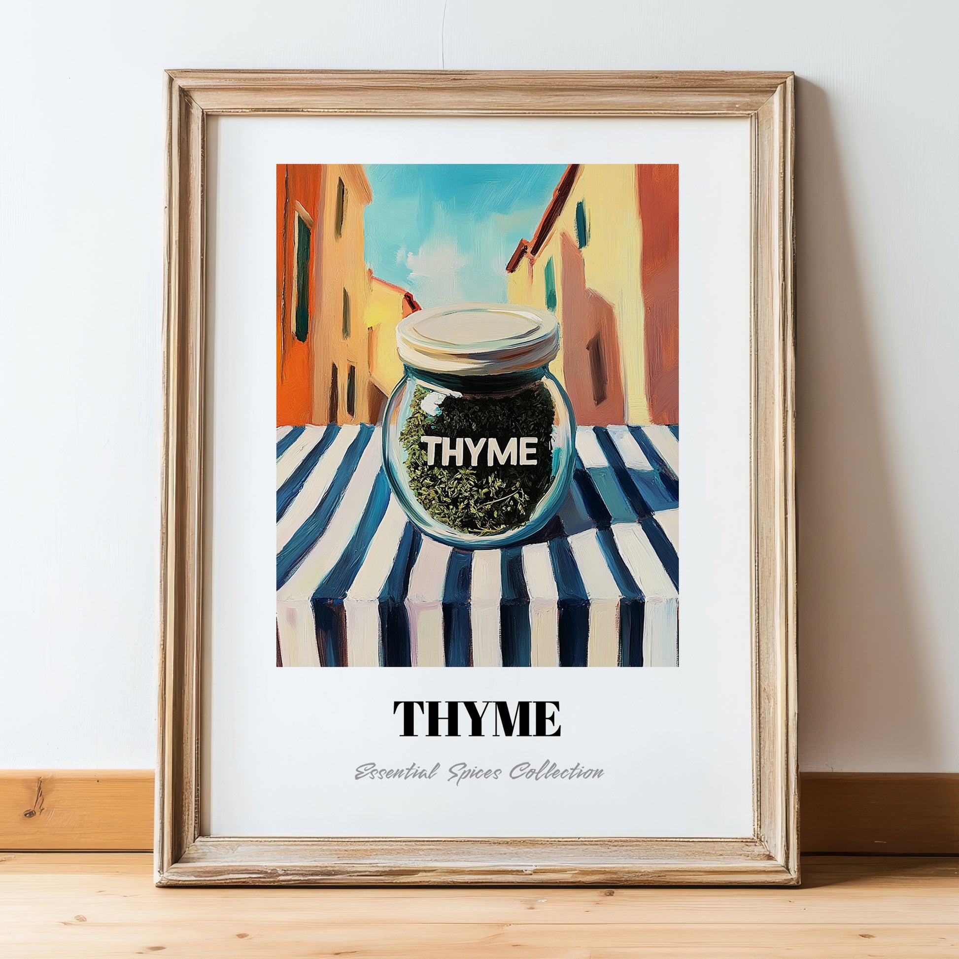 Thyme – Italian Urban Café Scene, Spices Poster, in wooden frame leaning on the floor