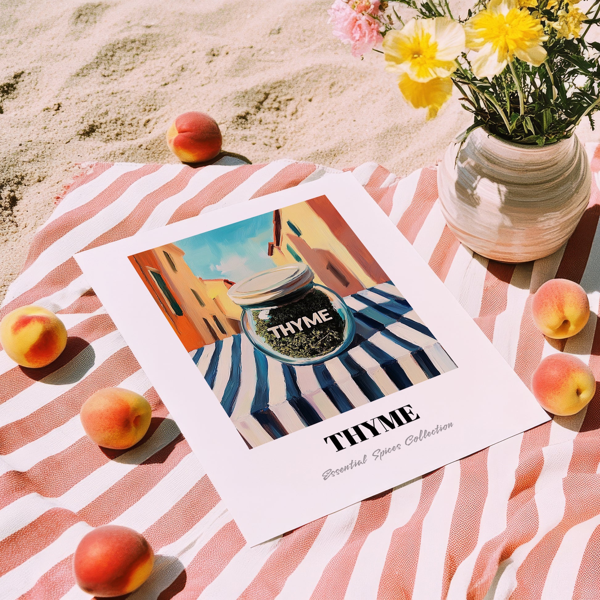 Thyme – Italian Urban Café Scene, Spices Poster, unframed on coastal sand