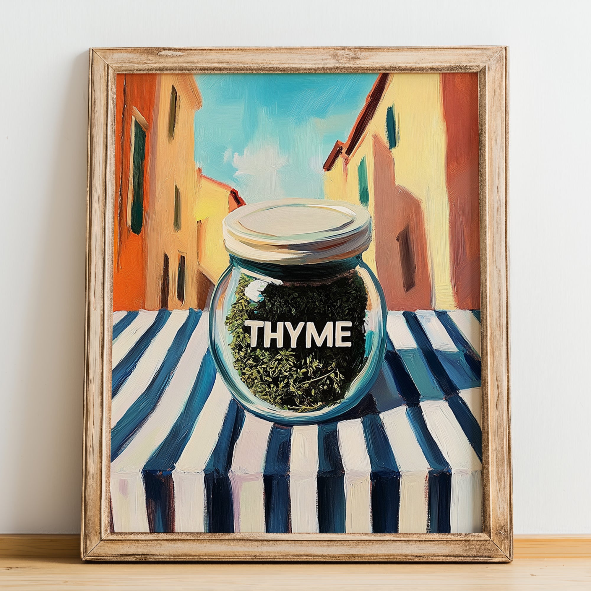 Thyme – Italian Urban Café Scene, Spices Poster, no-text version framed in wood