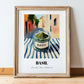 Basil – Italian Outdoor Café Scene, Spices Painting, in wooden frame leaning on the floor