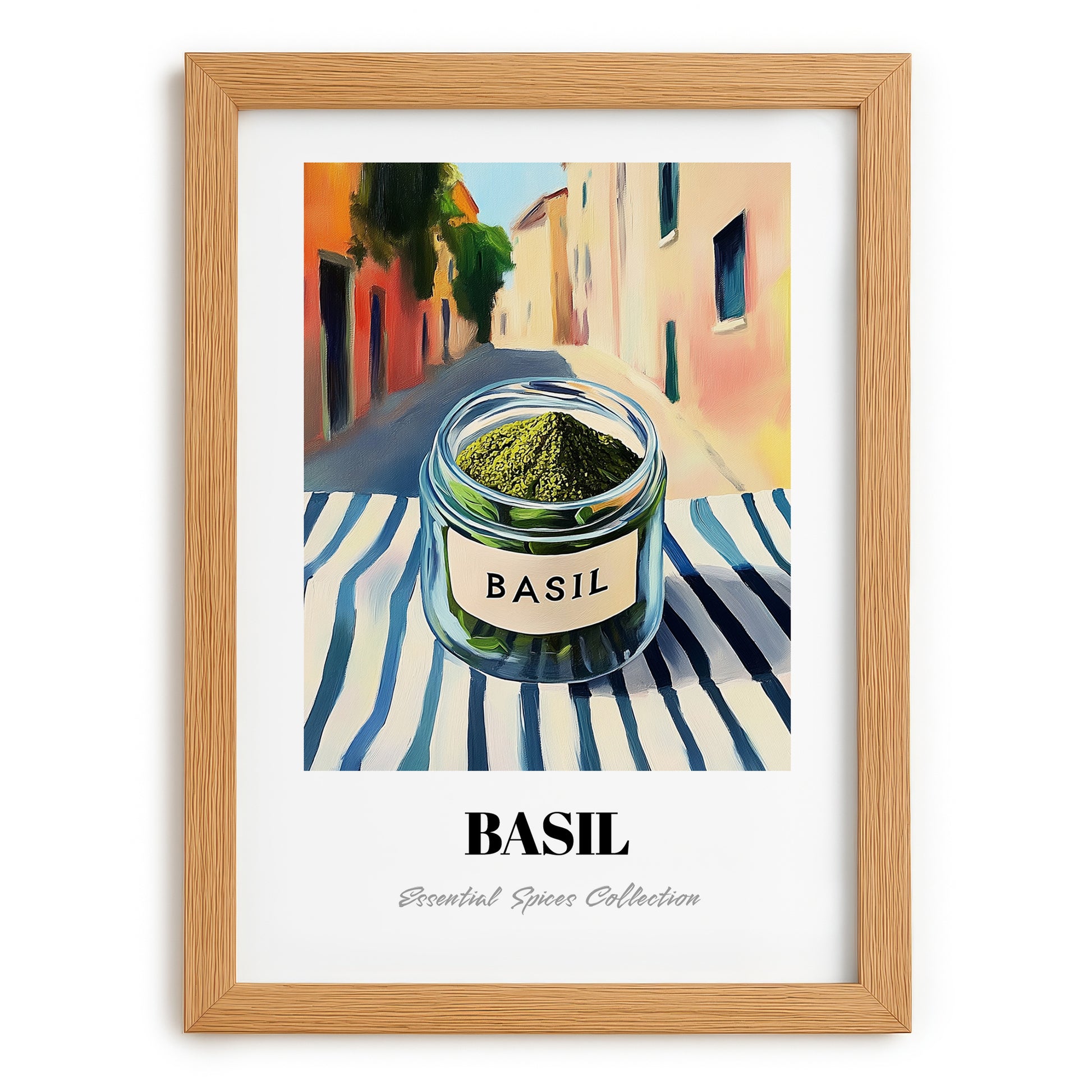 Basil – Italian Outdoor Café Scene, Spices Painting, set in oak frame