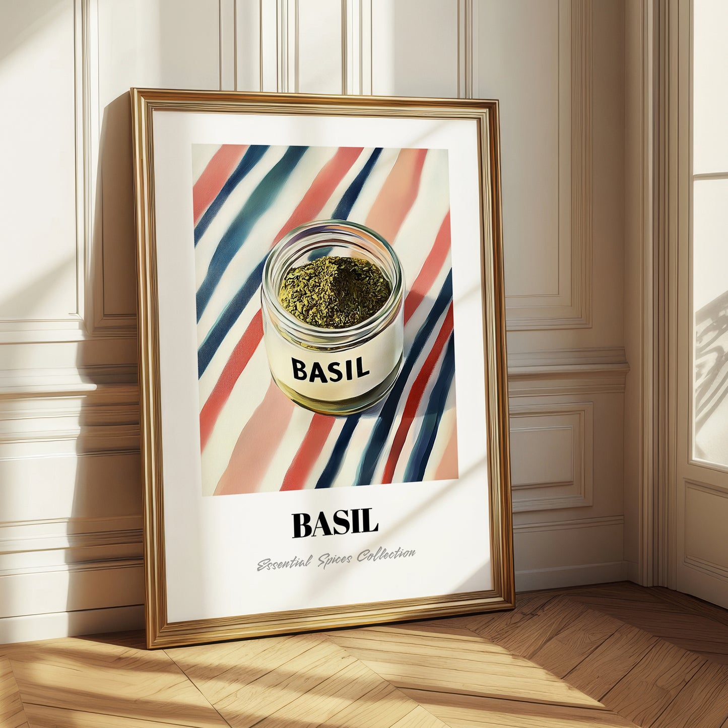 Basil – on Striped Tablecloth, Spices Wall Decor