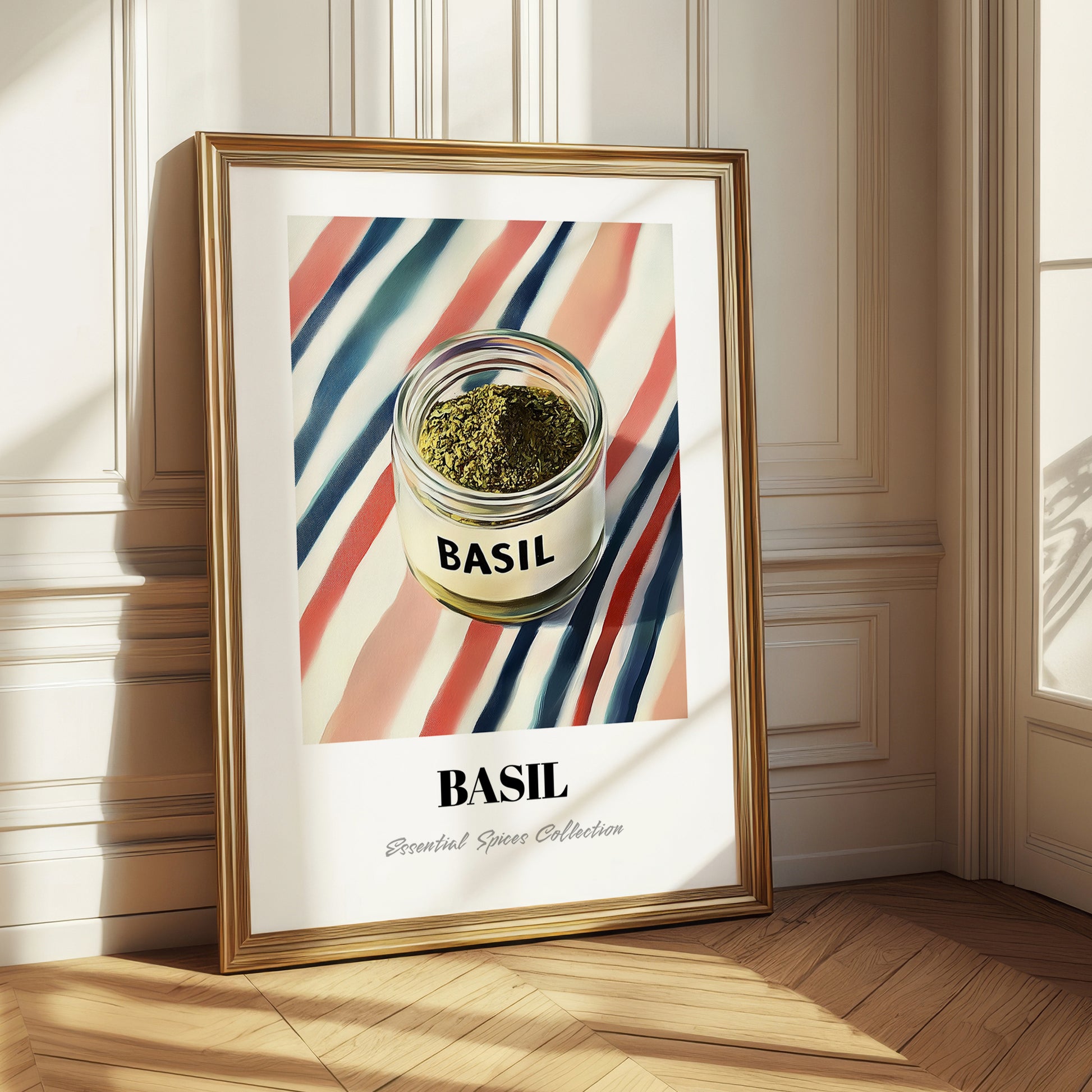 Basil – on Striped Tablecloth, Spices Wall Decor
