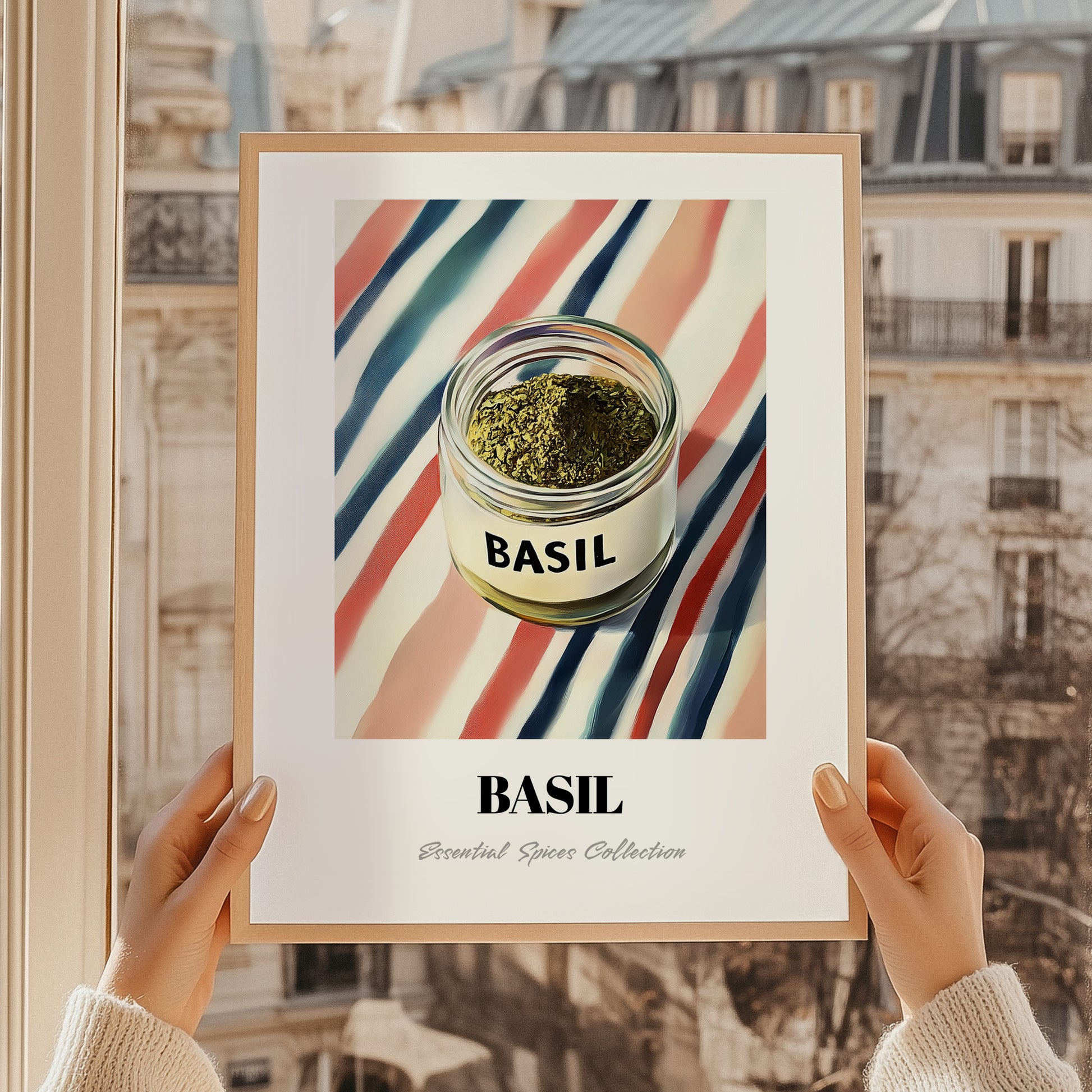 Basil – on Striped Tablecloth, Spices Wall Decor, styled in a charming Paris street view