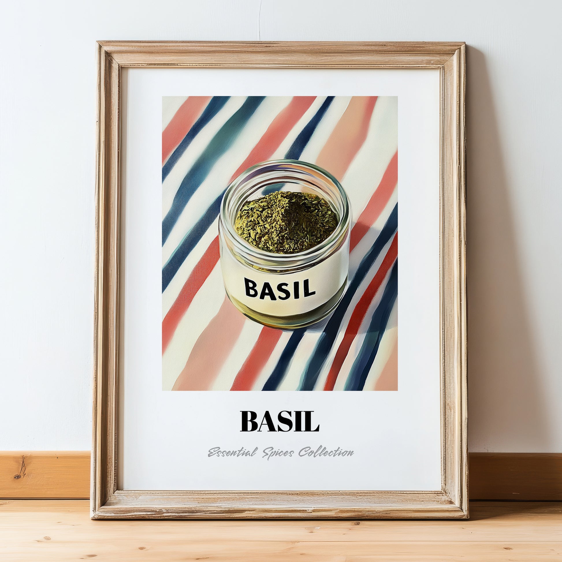 Basil – on Striped Tablecloth, Spices Wall Decor, in wooden frame leaning on the floor