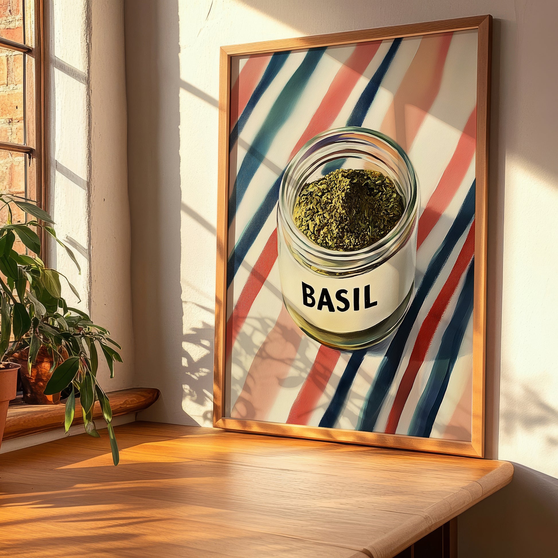 Basil – on Striped Tablecloth, Spices Wall Decor, clean layout with no caption