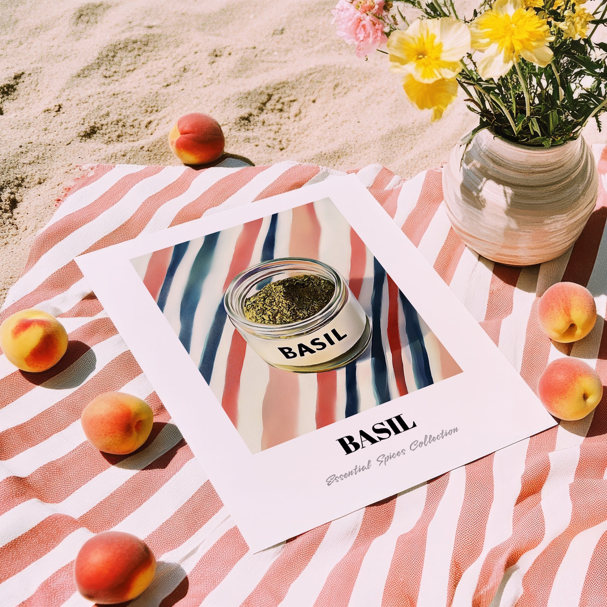 Basil – on Striped Tablecloth, Spices Wall Decor, unframed on coastal sand