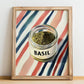 Basil – on Striped Tablecloth, Spices Wall Decor, no-text version framed in wood