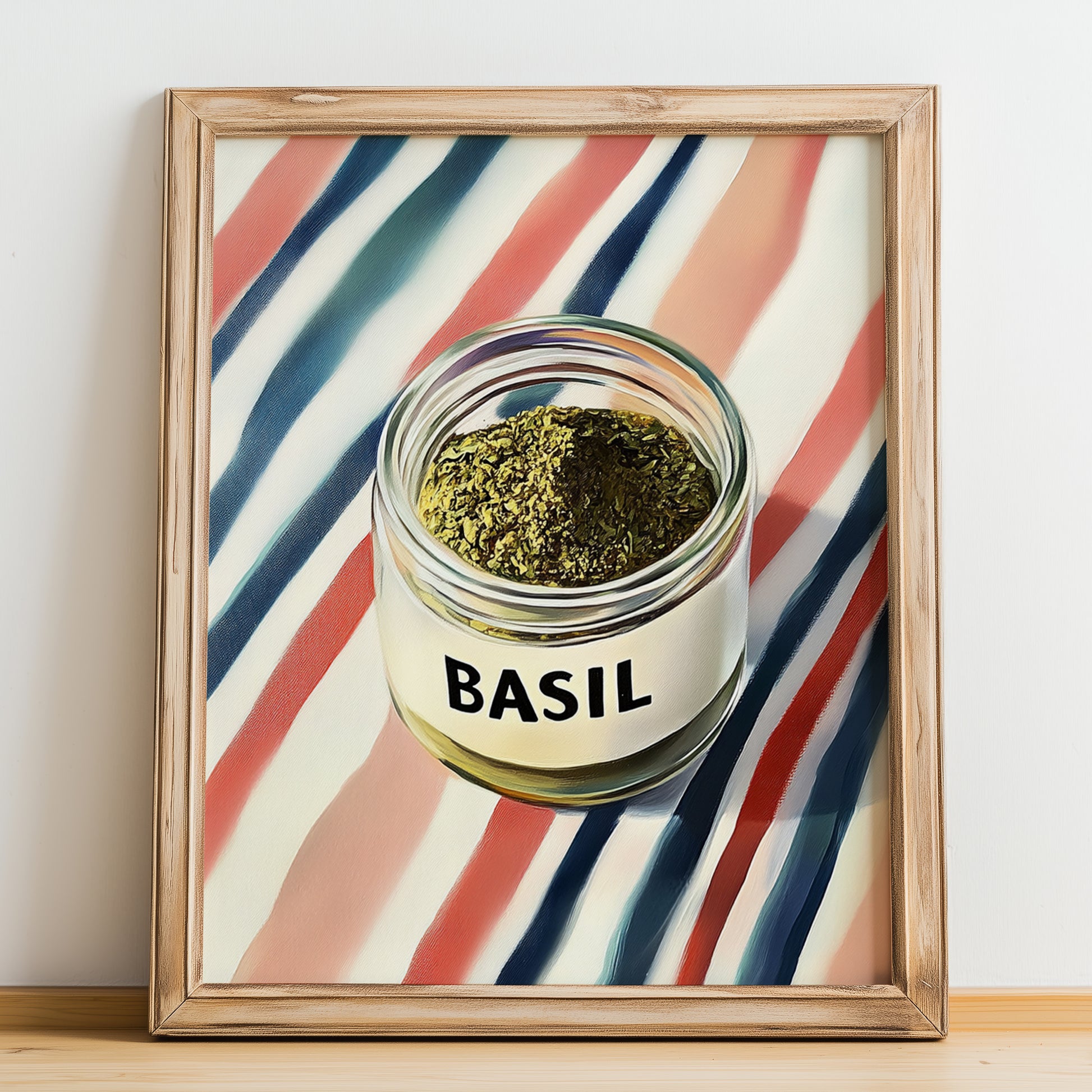 Basil – on Striped Tablecloth, Spices Wall Decor, no-text version framed in wood