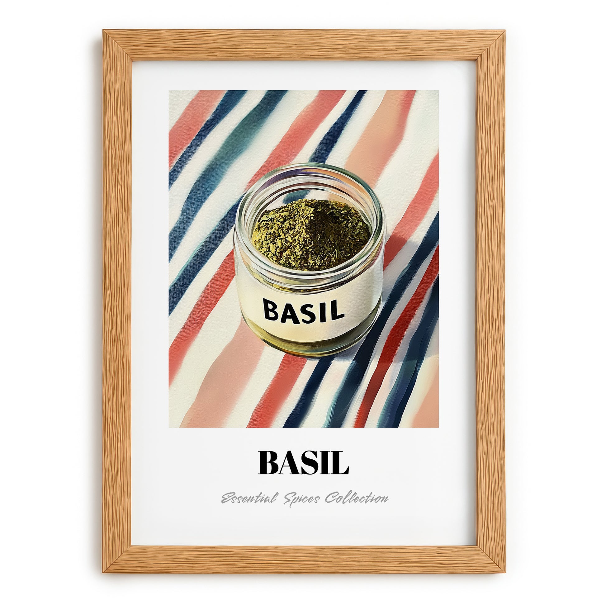 Basil – on Striped Tablecloth, Spices Wall Decor, set in oak frame