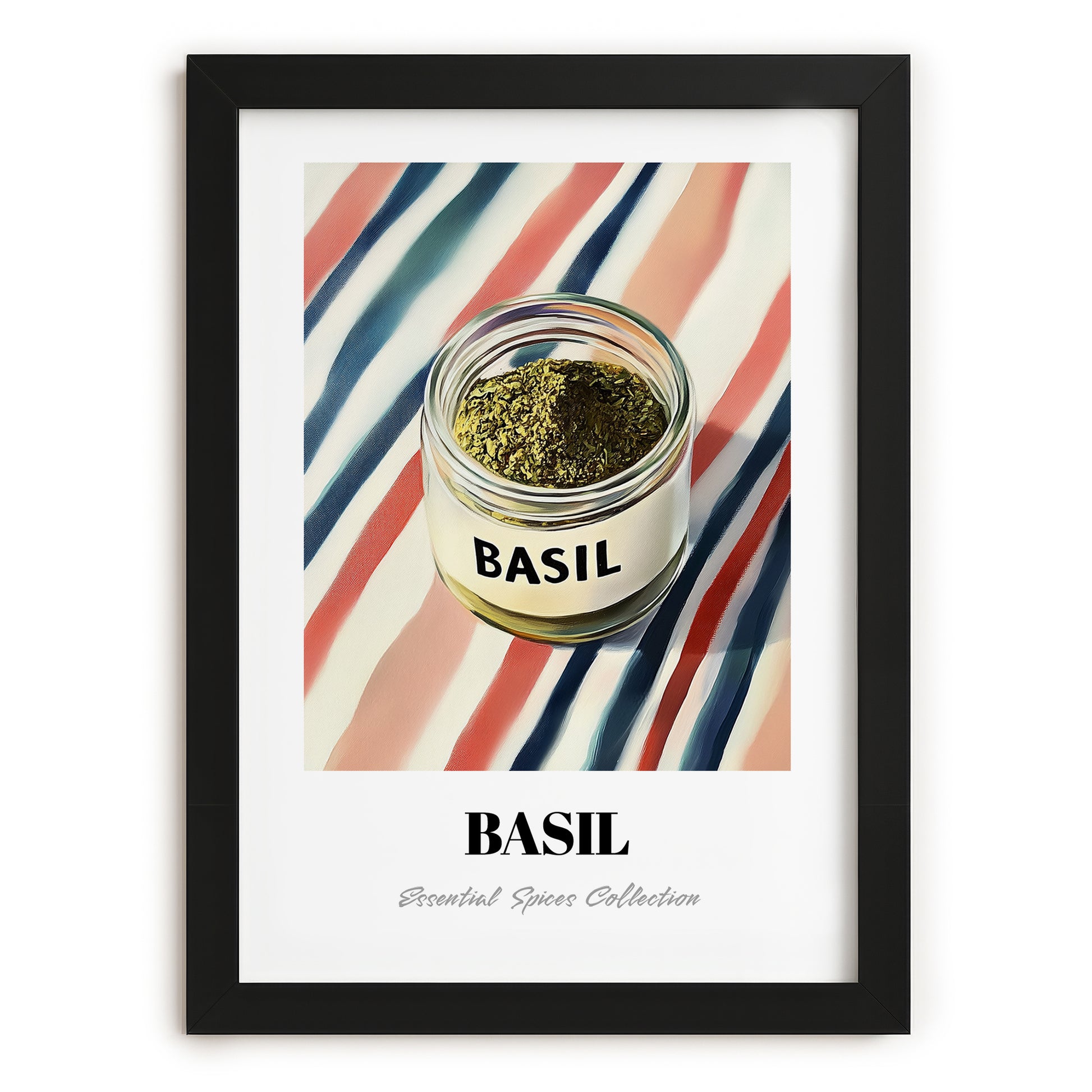 Basil – on Striped Tablecloth, Spices Wall Decor, in sleek black frame