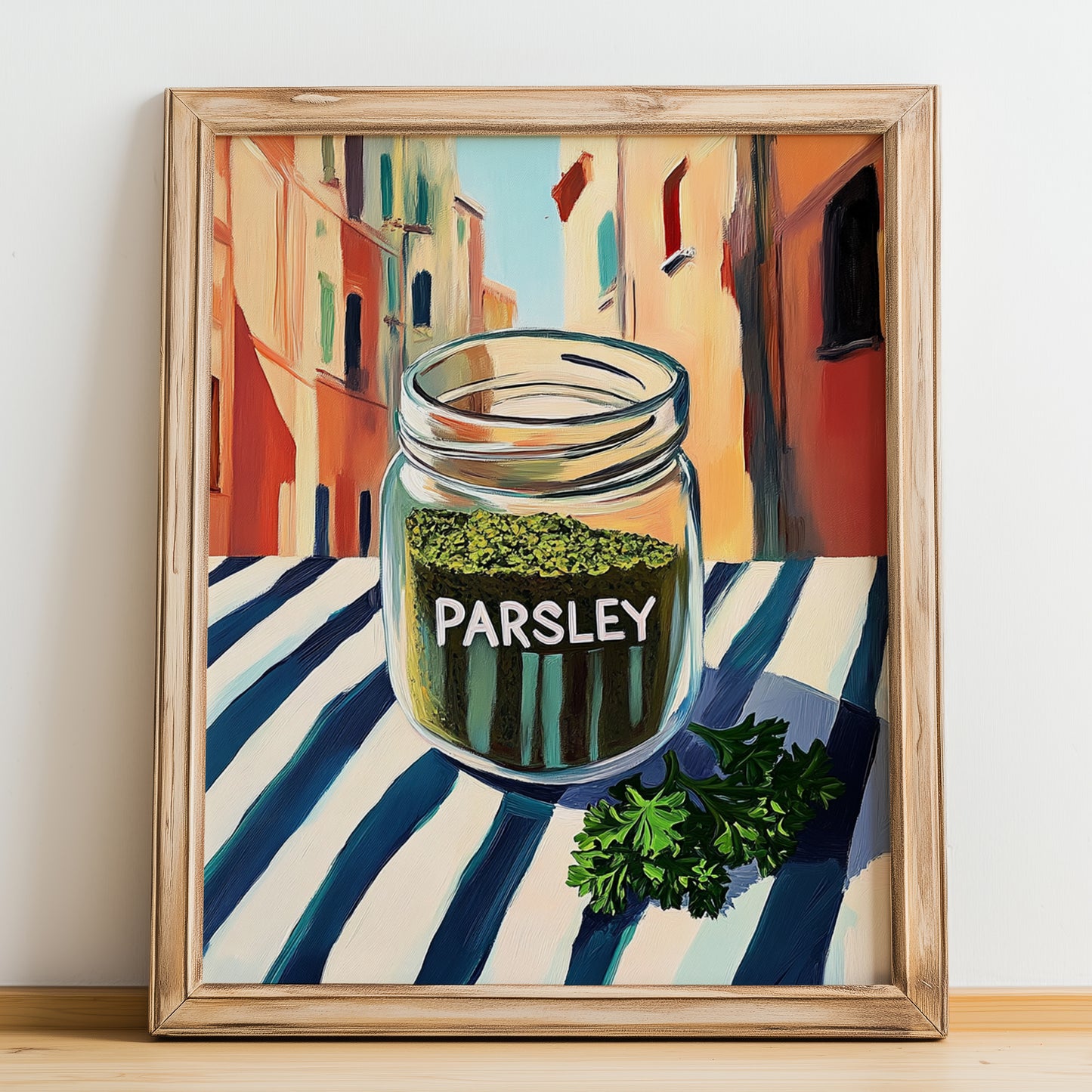 Parsley – Italian Street Café Scene, Spices Poster, no-text version framed in wood