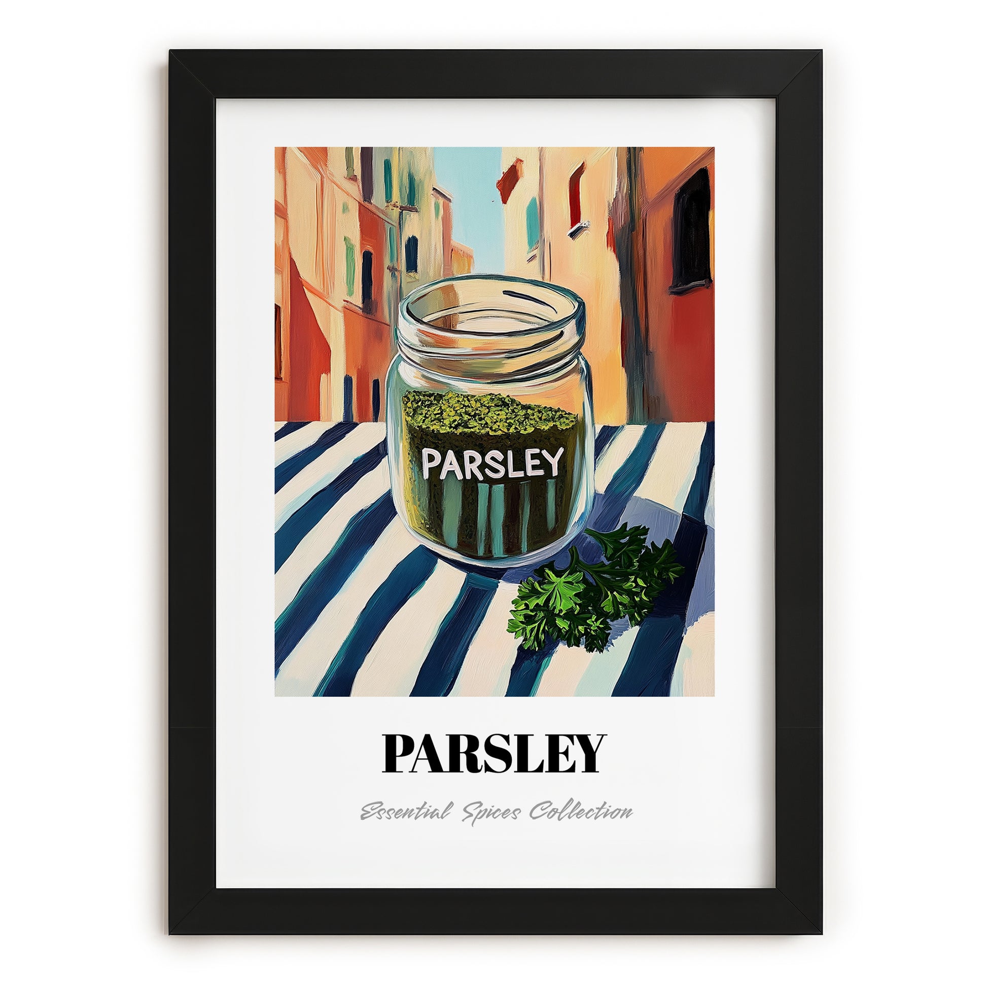 Parsley – Italian Street Café Scene, Spices Poster, in sleek black frame
