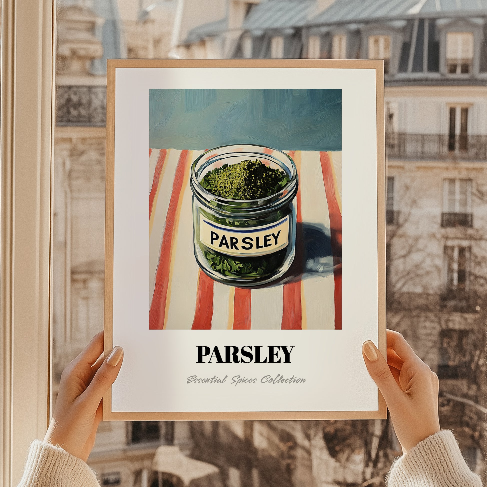 Parsley – on Striped Tablecloth, Spices Wall Decor, styled in a charming Paris street view