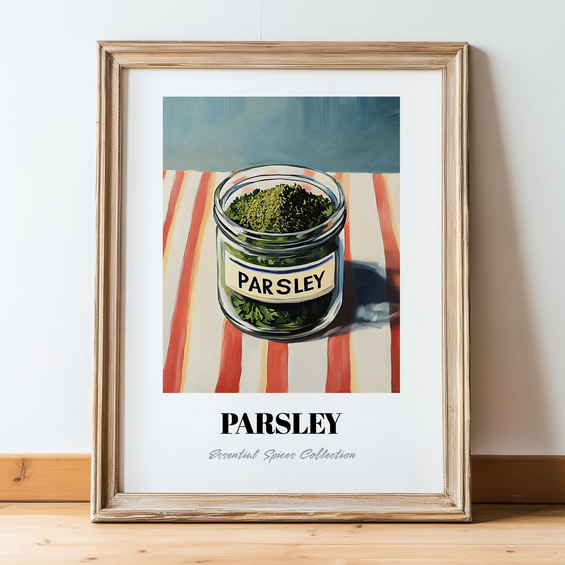 Parsley – on Striped Tablecloth, Spices Wall Decor, in wooden frame leaning on the floor