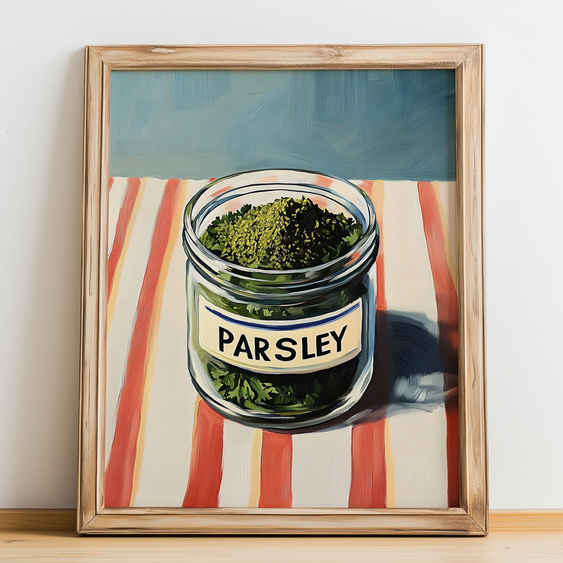 Parsley – on Striped Tablecloth, Spices Wall Decor, no-text version framed in wood