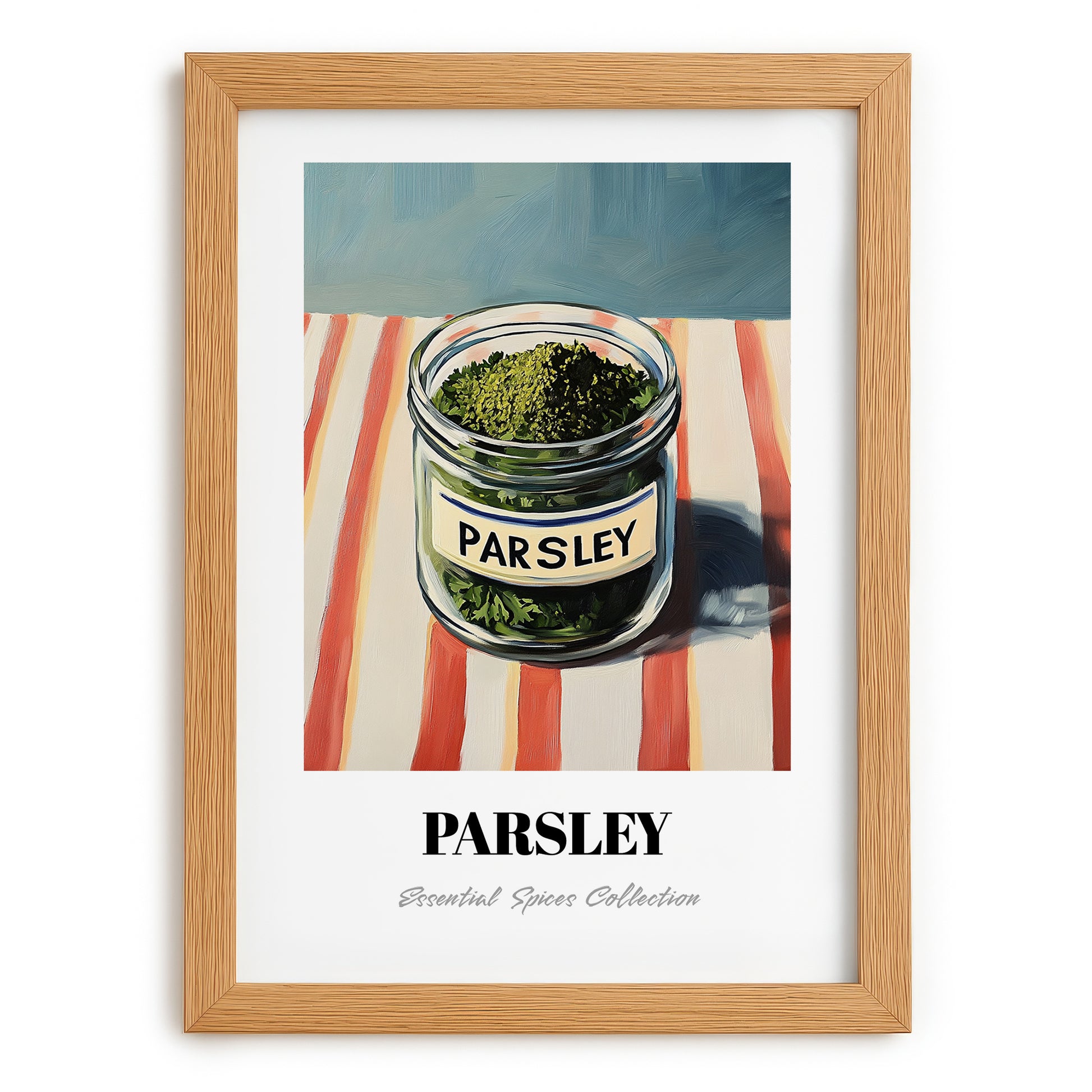 Parsley – on Striped Tablecloth, Spices Wall Decor, set in oak frame