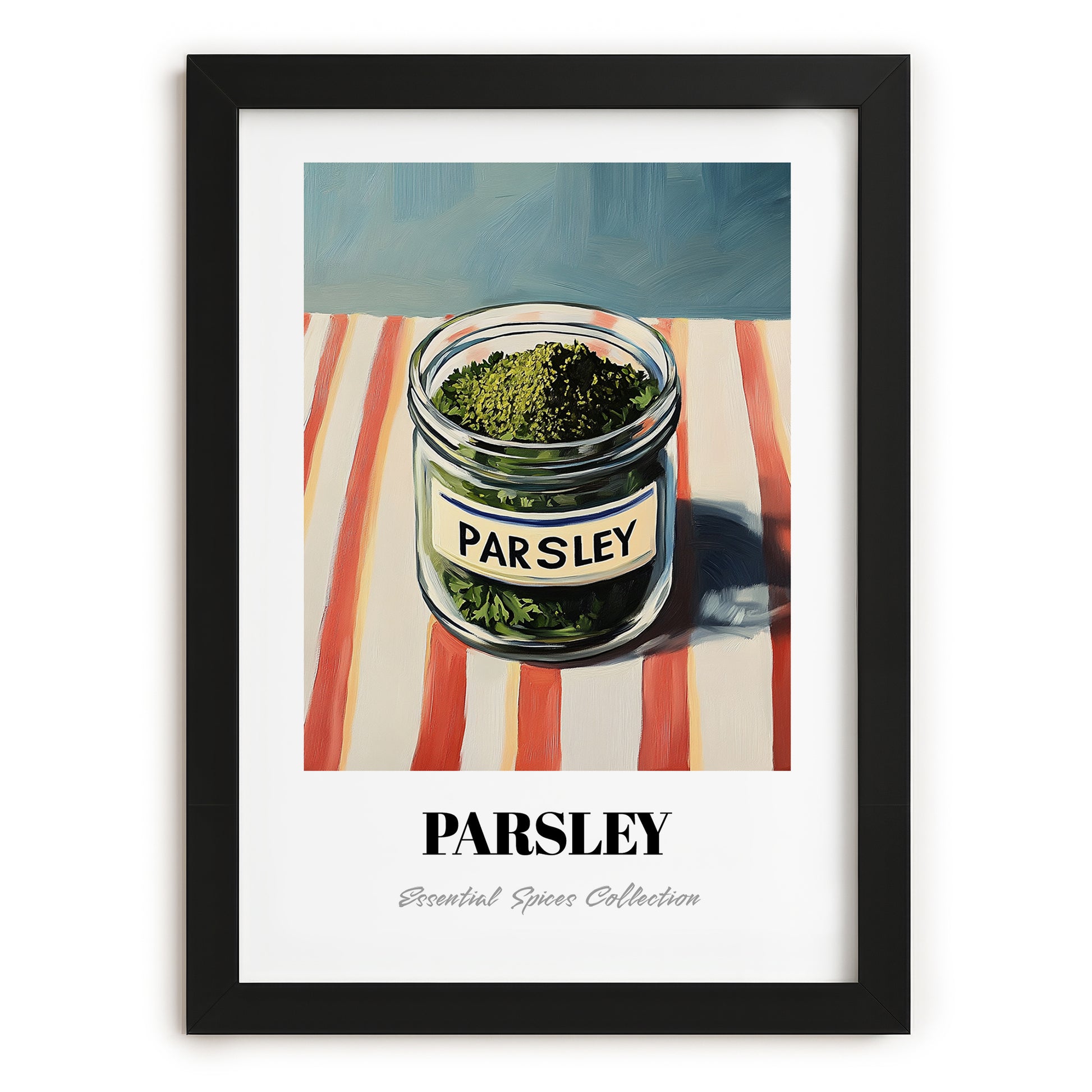 Parsley – on Striped Tablecloth, Spices Wall Decor, in sleek black frame