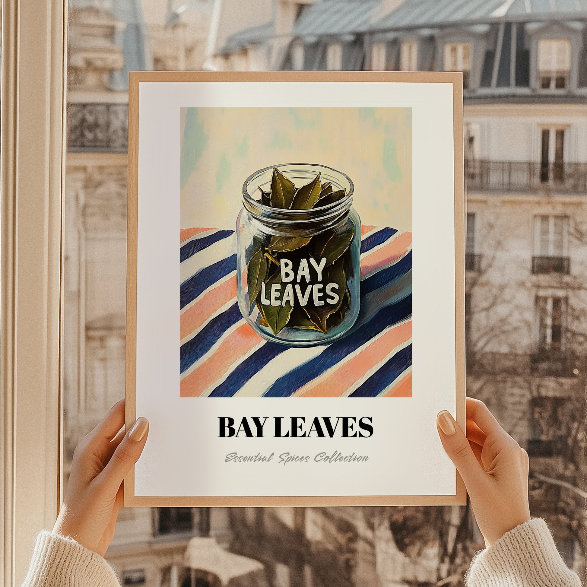 Bay Leaves – on Striped Tablecloth, Spices Wall Decor, styled in a charming Paris street view