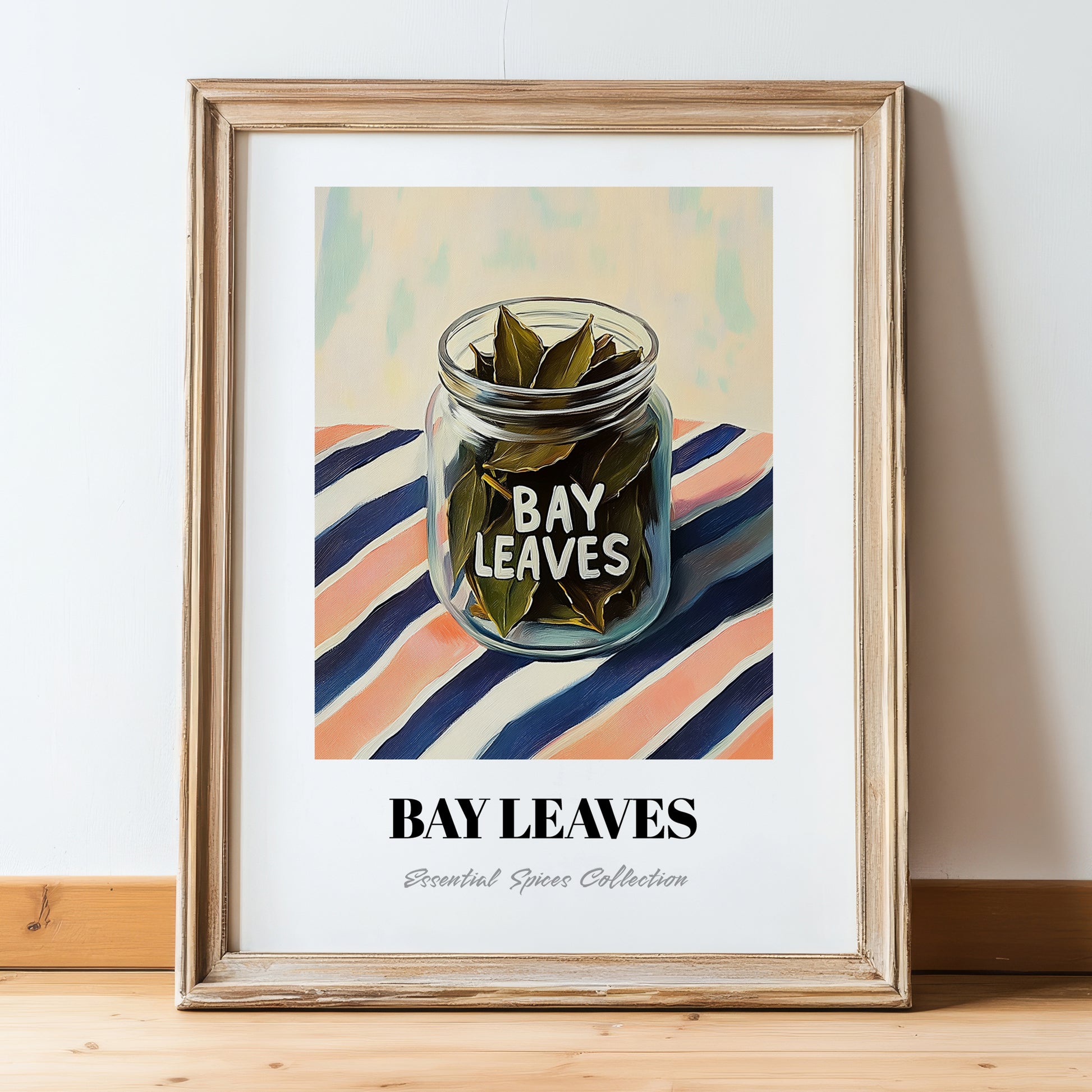 Bay Leaves – on Striped Tablecloth, Spices Wall Decor, in wooden frame leaning on the floor