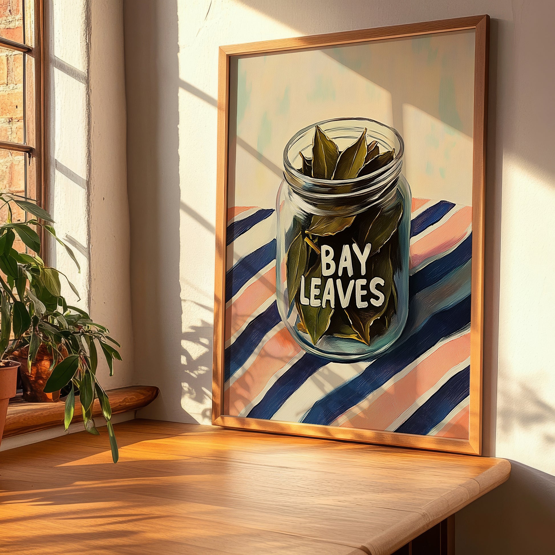 Bay Leaves – on Striped Tablecloth, Spices Wall Decor, clean layout with no caption