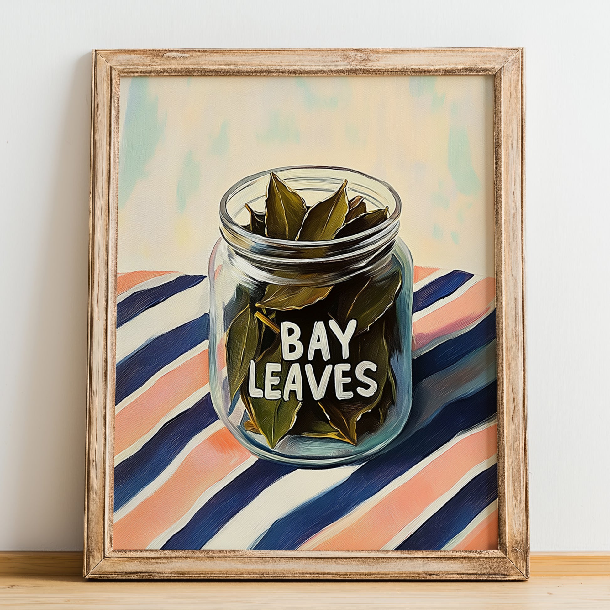 Bay Leaves – on Striped Tablecloth, Spices Wall Decor, no-text version framed in wood