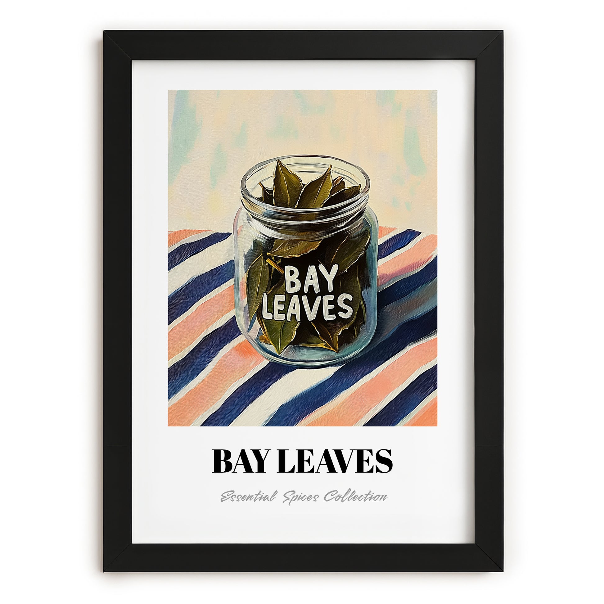 Bay Leaves – on Striped Tablecloth, Spices Wall Decor, in sleek black frame