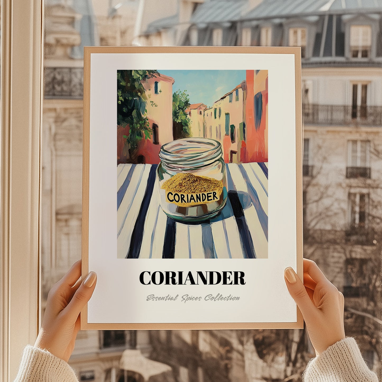 Coriander – Italian Urban Café Scene, Spices Wall Print, styled in a charming Paris street view