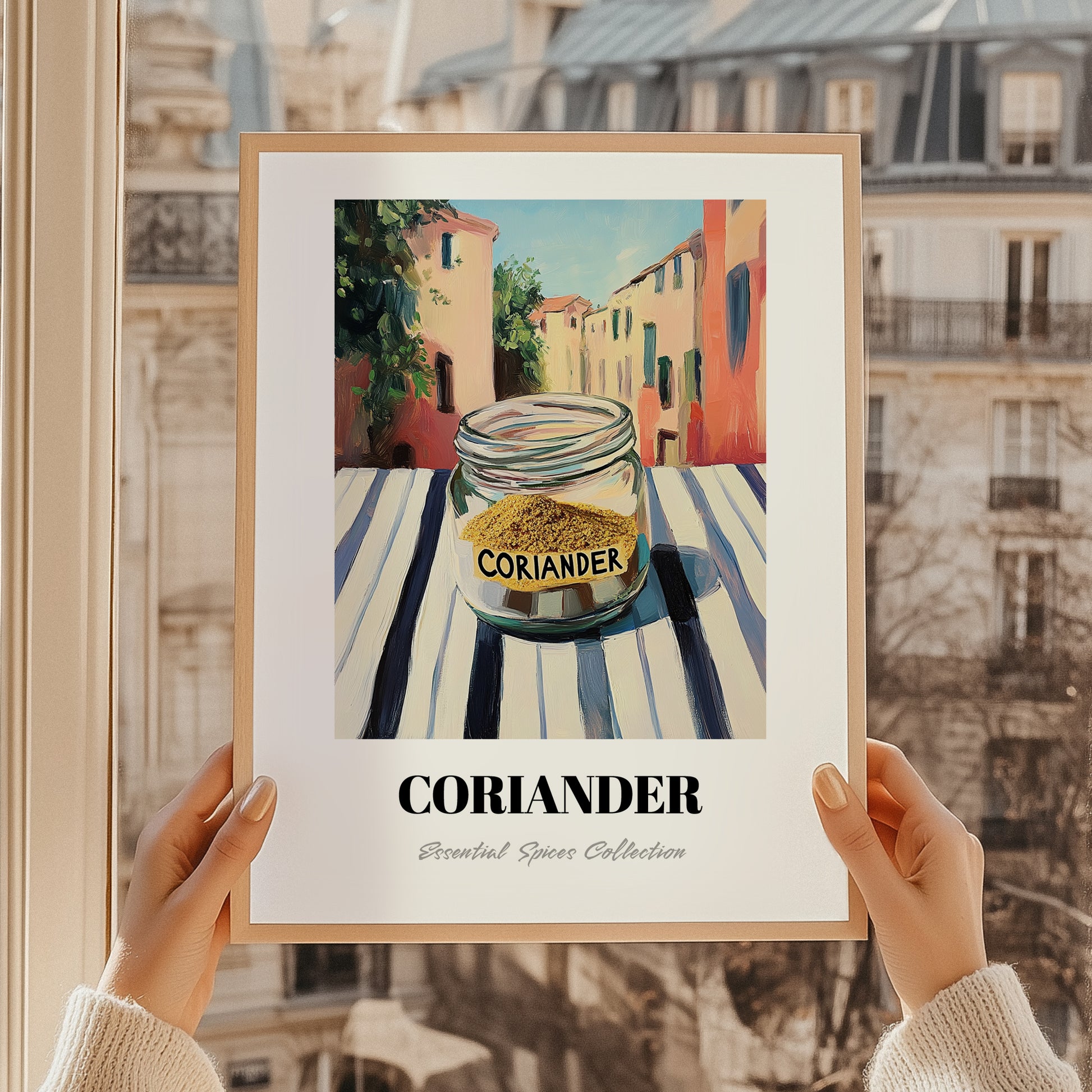 Coriander – Italian Urban Café Scene, Spices Wall Print, styled in a charming Paris street view