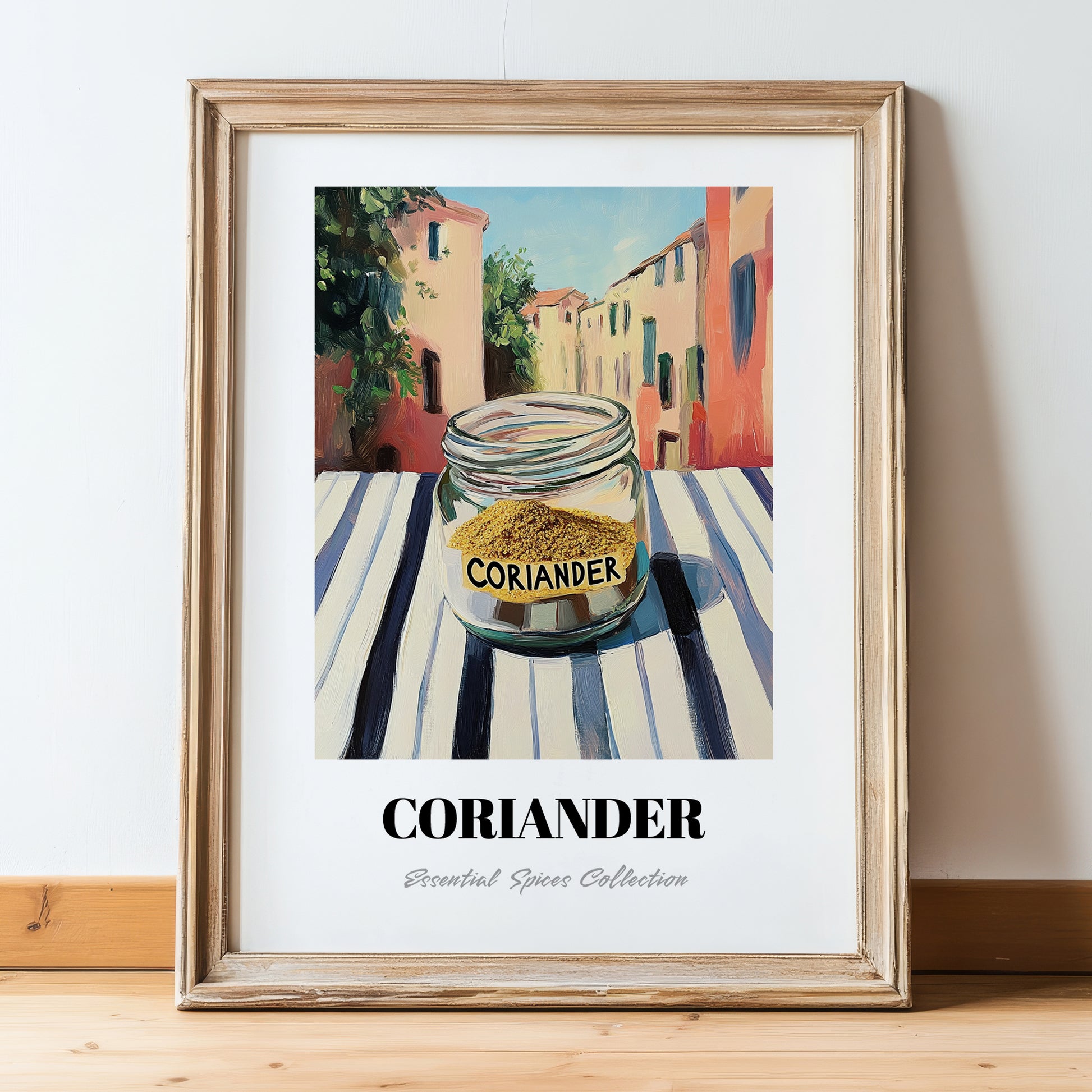 Coriander – Italian Urban Café Scene, Spices Wall Print, in wooden frame leaning on the floor