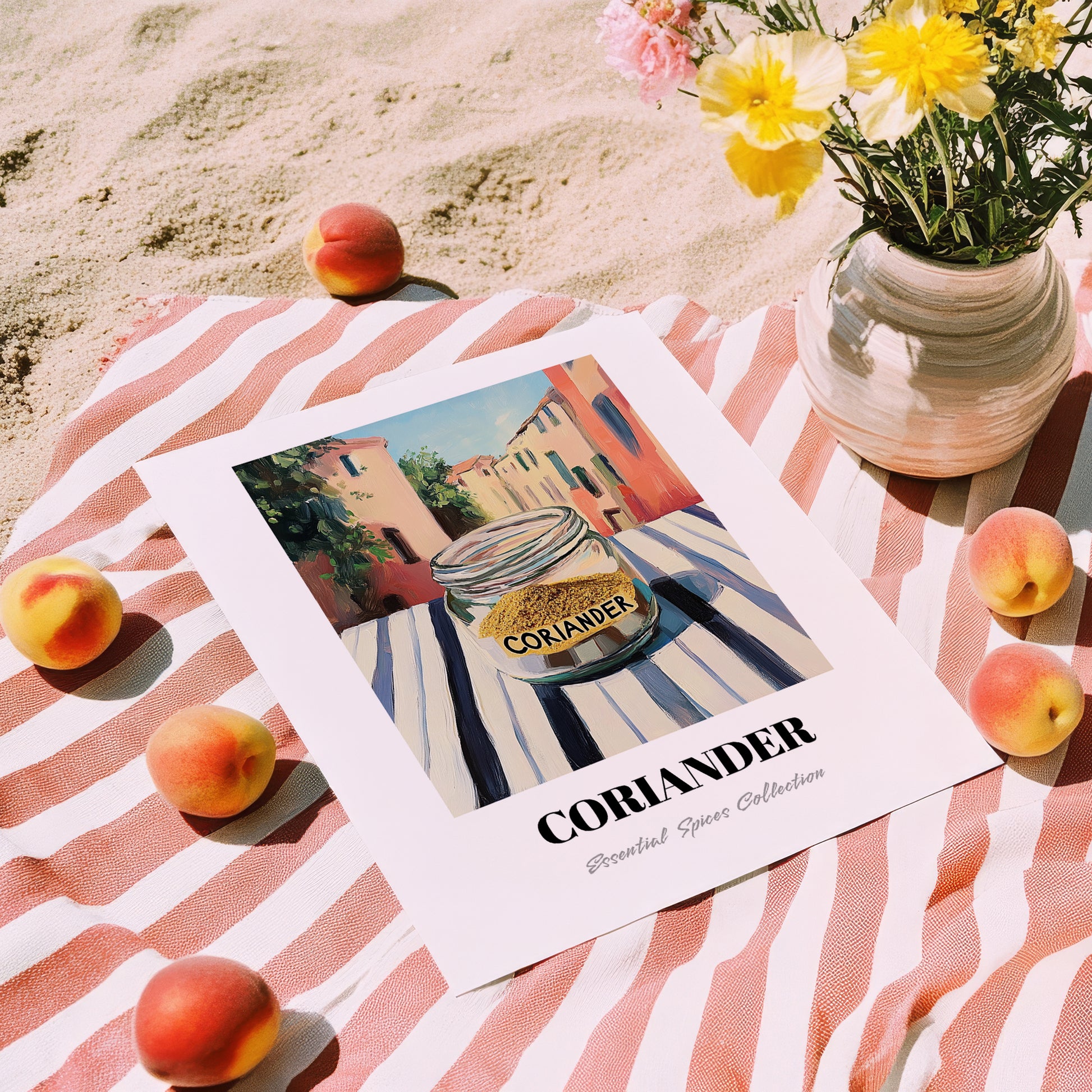 Coriander – Italian Urban Café Scene, Spices Wall Print, unframed on coastal sand