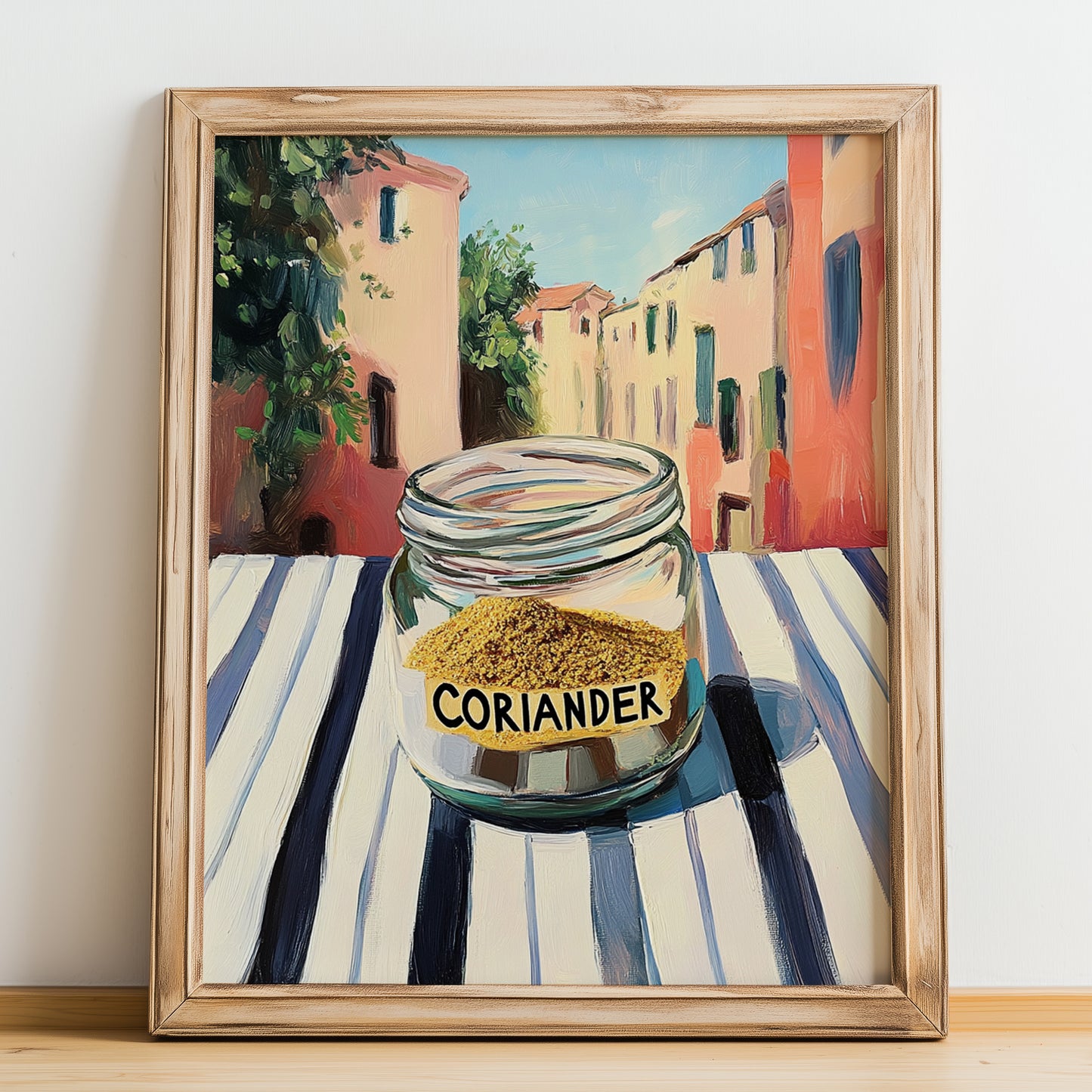 Coriander – Italian Urban Café Scene, Spices Wall Print, no-text version framed in wood