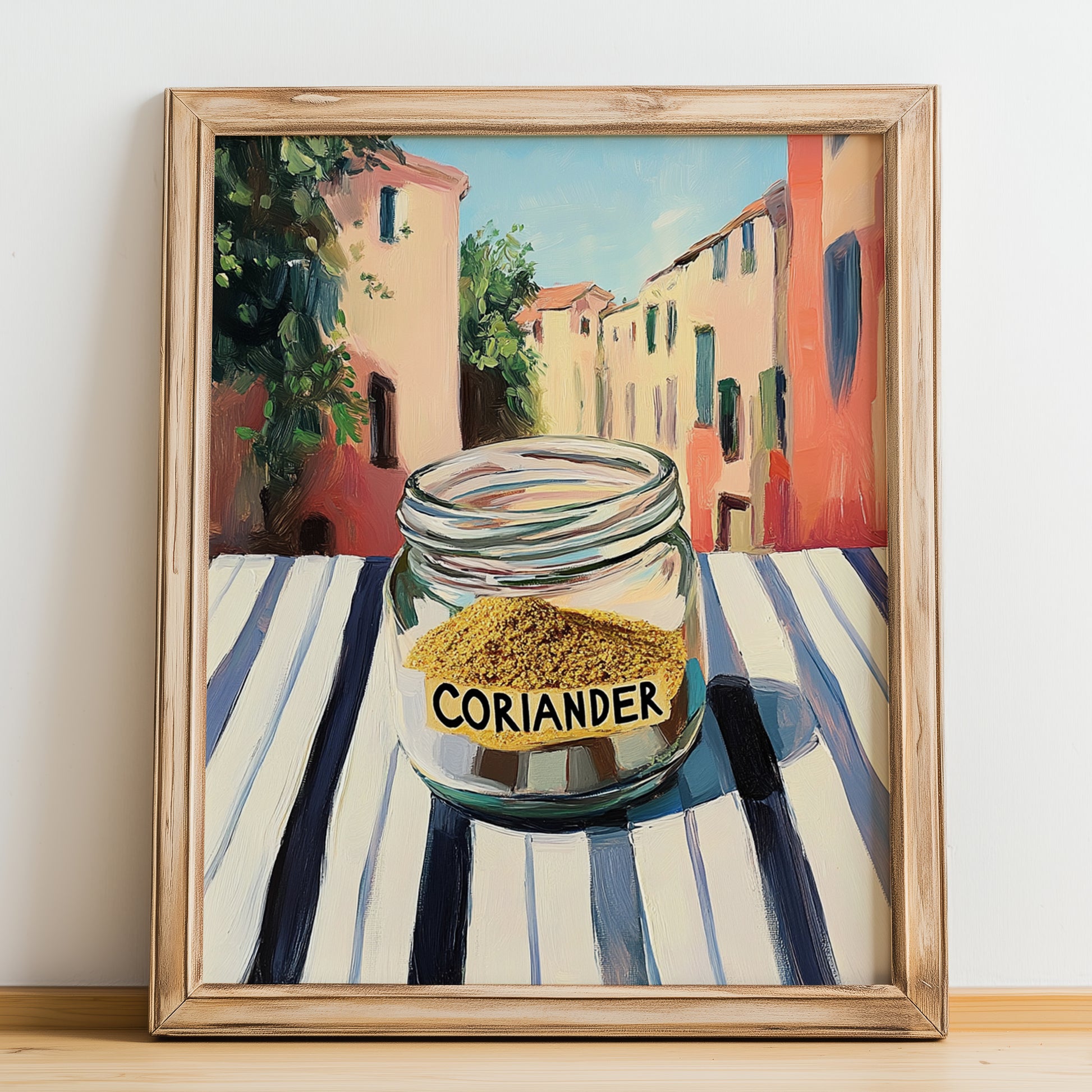 Coriander – Italian Urban Café Scene, Spices Wall Print, no-text version framed in wood